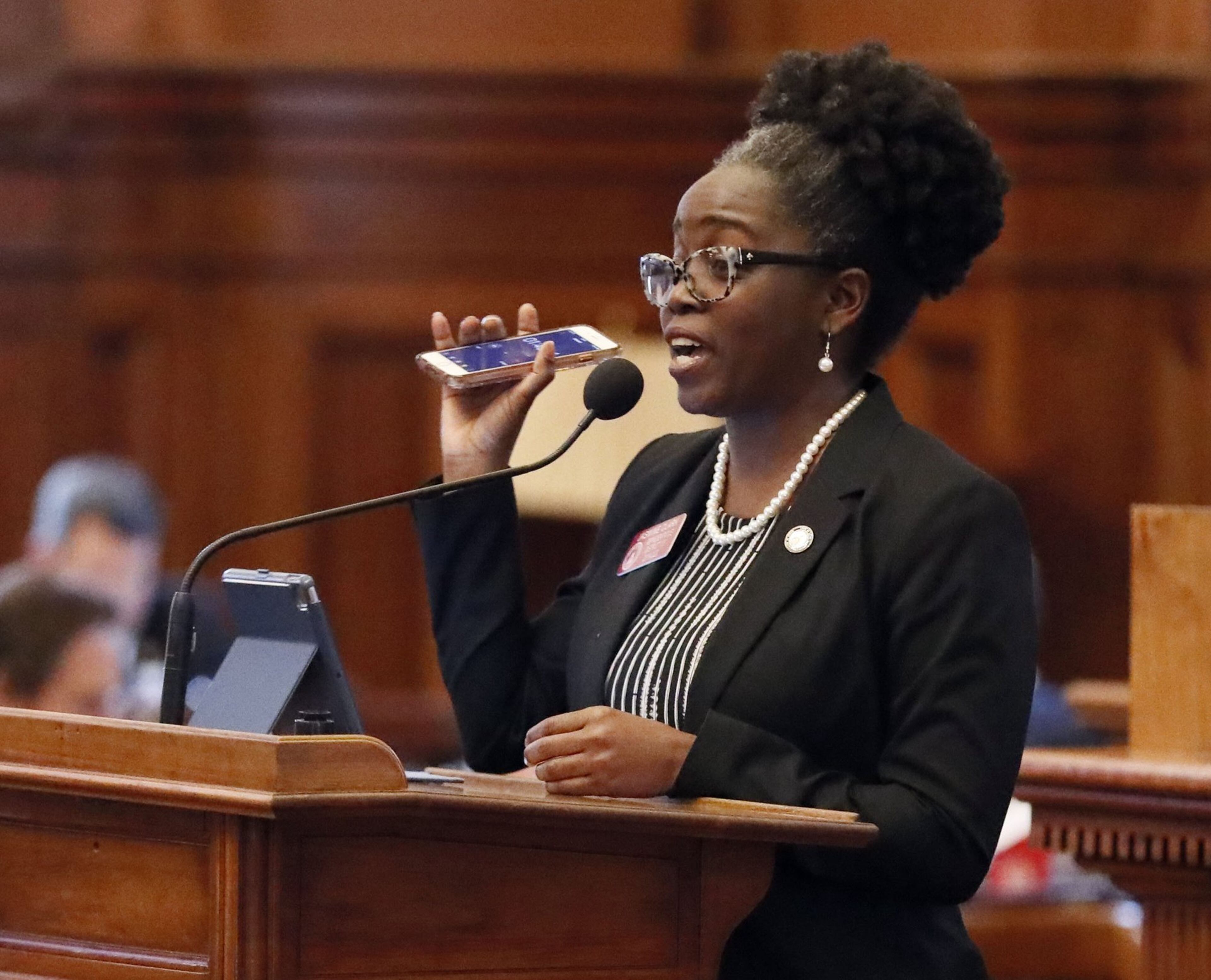 2/26/19 - Atlanta - Rep. Jasmine Clark, D - Tucker, spoke against the bill. The Georgia House passed a bill Tuesday to buy a new $150 million election system that includes a paper ballot printed with a ballot marking device. But opponents to the bill, including many Democrats, say it would still leave Georgia's elections vulnerable to hacking and tampering. Bob Andres / bandres@ajc.com