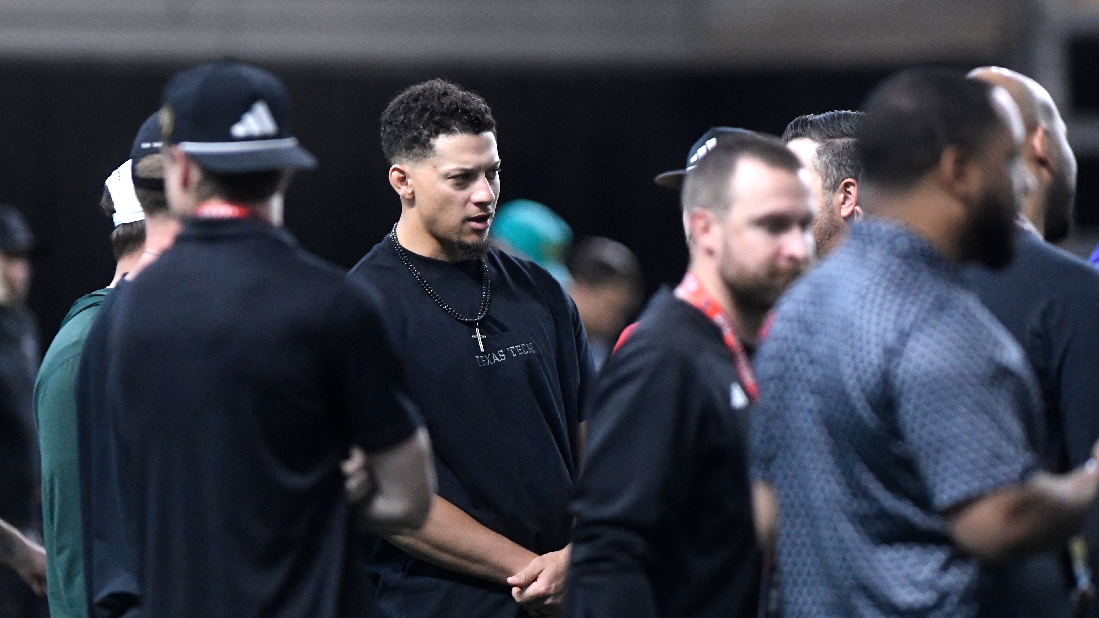 Kansas City Chiefs quarterback Patrick Mahomes attends Texas Tech's NFL football pro day, Thursday, March 26, 2025, in Lubbock, Texas. (AP Photo/Annie Rice)