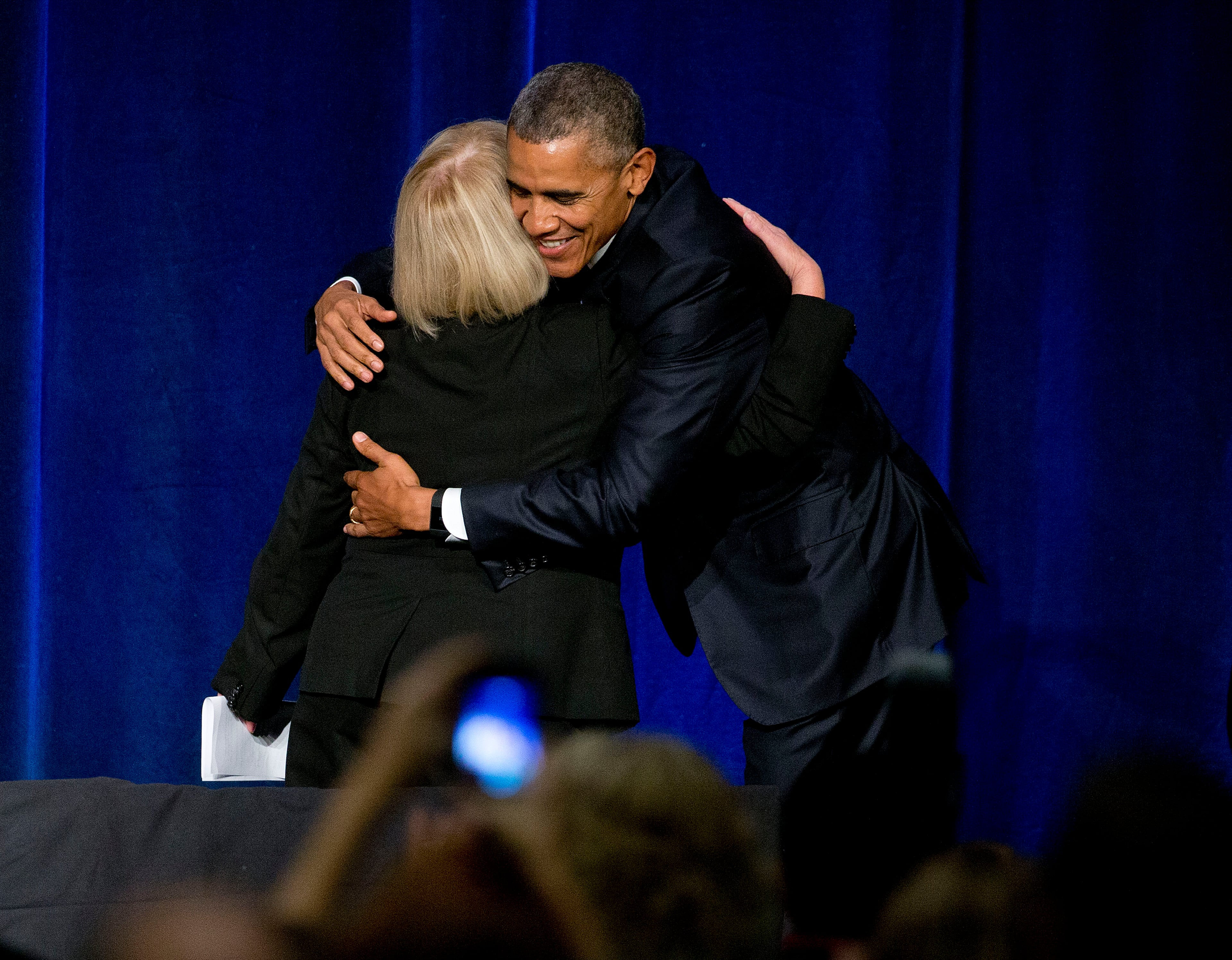 President Barack Obama and Sen. Patty Murray, D-Wash., embrace on stage during a Democratic fundraiser in Seattle, Friday, Oct. 9, 2015. Obama attended the fundraiser event for Murray and he is also attending fundraisers this weekend in San Francisco and Los Angeles as part of a four-day West Coast tour. (AP Photo/Pablo Martinez Monsivais)