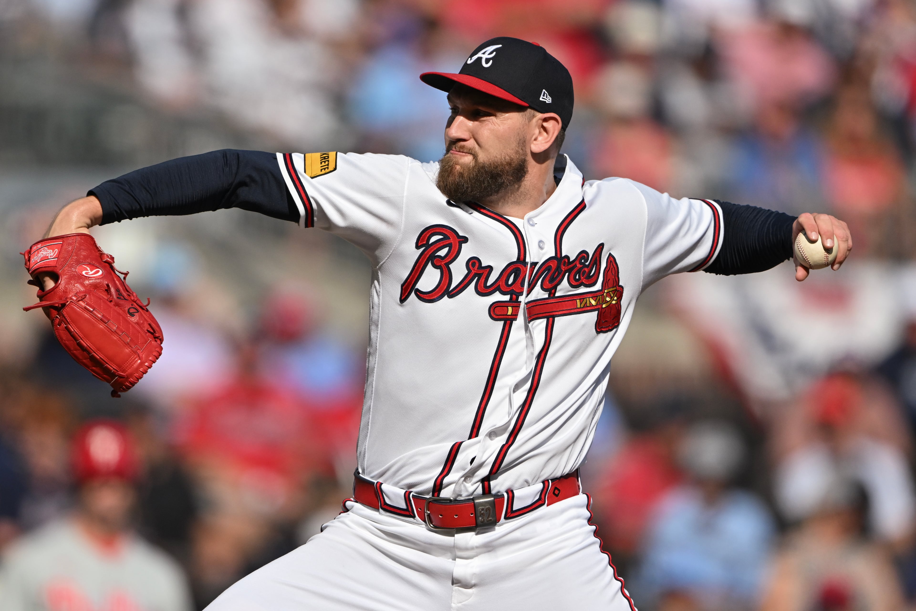Braves pitcher Dylan Lee delivers to a Philadelphia Phillies batter during Game 2 of their NL Wild Card Series on Wednesday, Sept. 30, 2026, in Atlanta. (Hyosub Shin/AJC)
