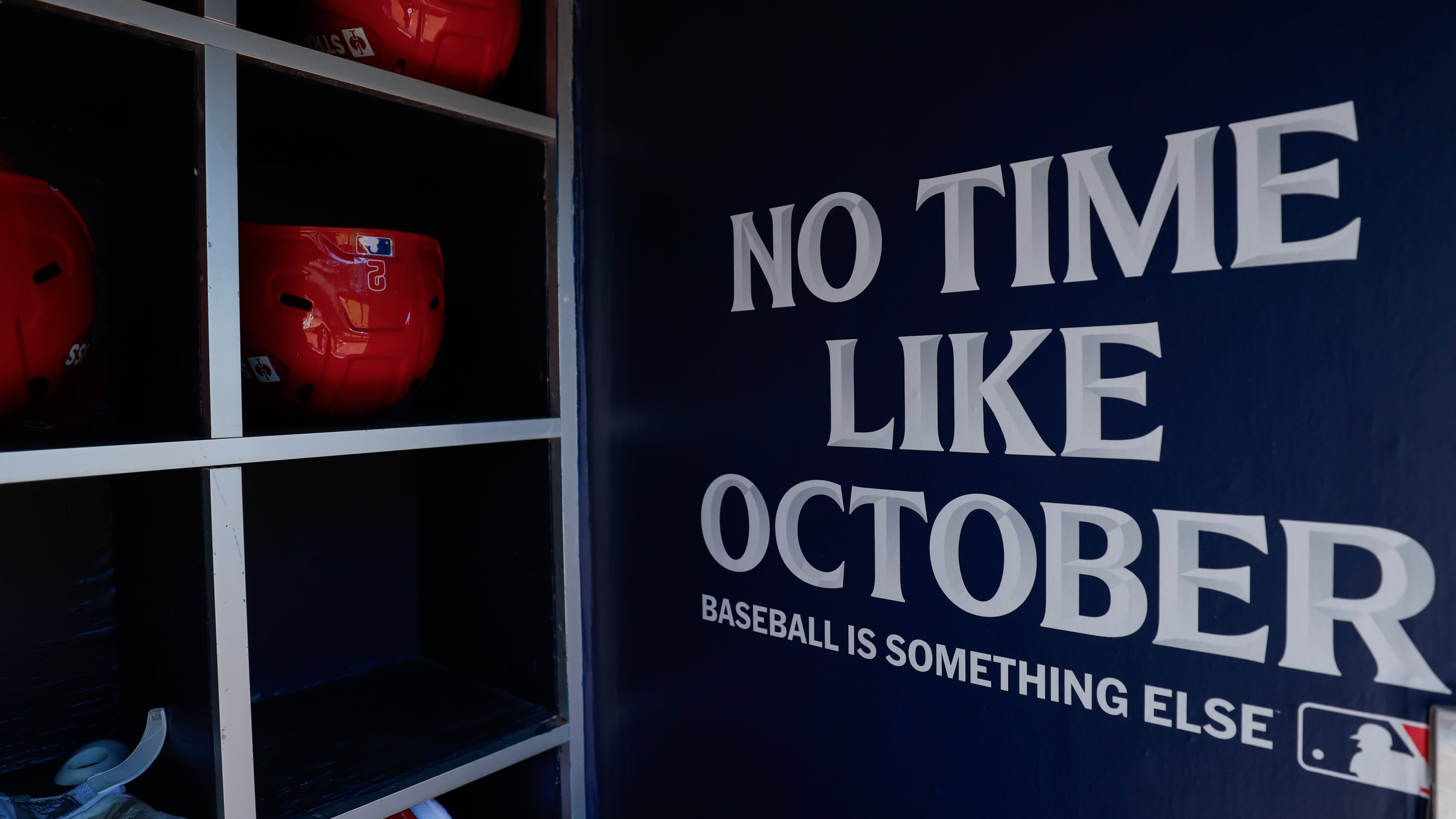 A postseason message is shown inside the dugout for the Philadelphia Phillies before Game 1 of their National League Wild Card Series against the Atlanta Braves on Tuesday, Sept. 29, 2026, at Truist Park. Game 3 is scheduled to begin at 8:15 p.m. Thursday. (Miguel Martinez/AJC)