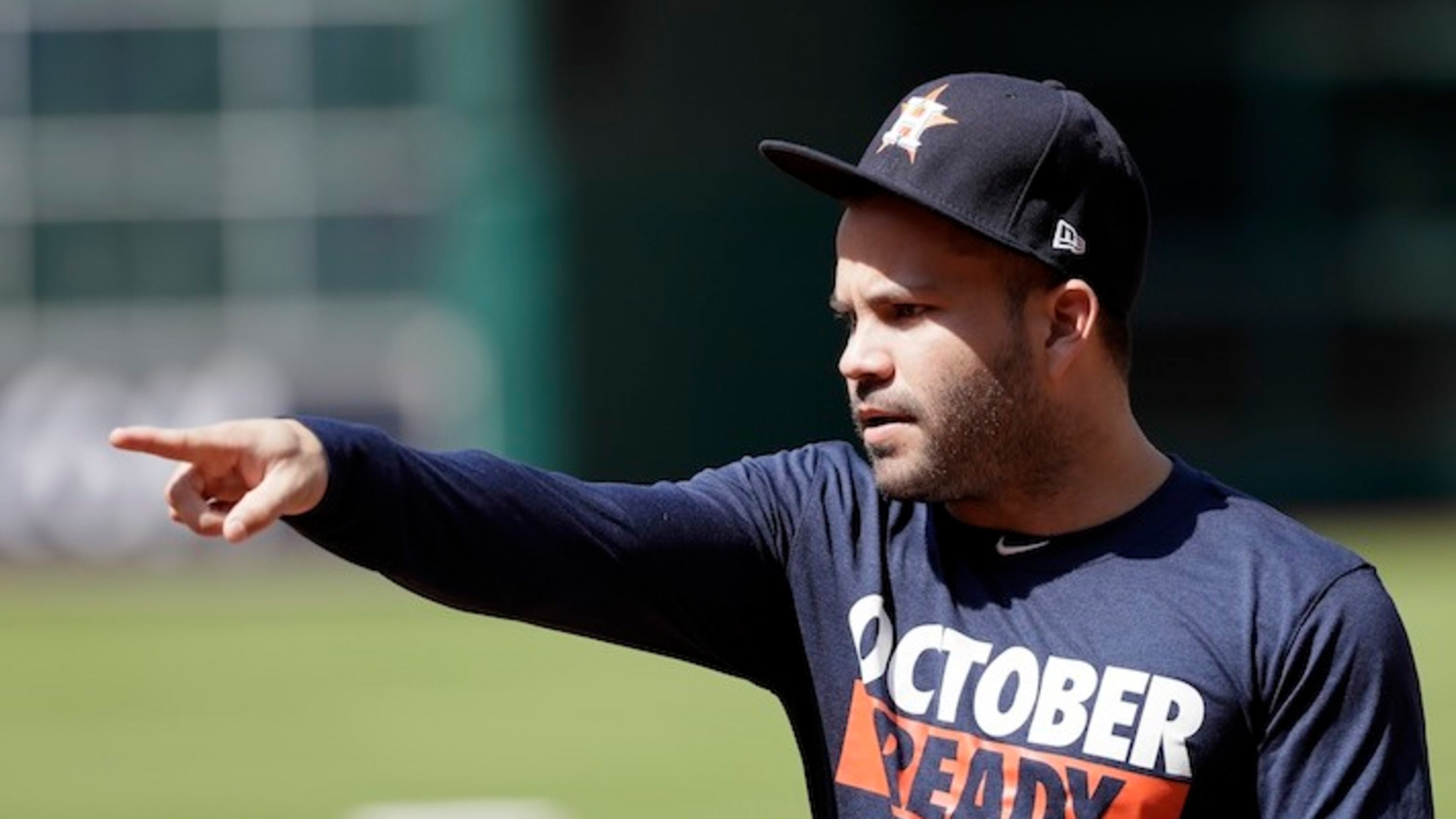Houston Astros second baseman Jose Altuve asks for his glove during practice Wednesday, Oct. 11, 2017, in Houston. The Astros beat the Red Sox to advance to the ALCS which is set to begin Friday. (AP Photo/David J. Phillip)