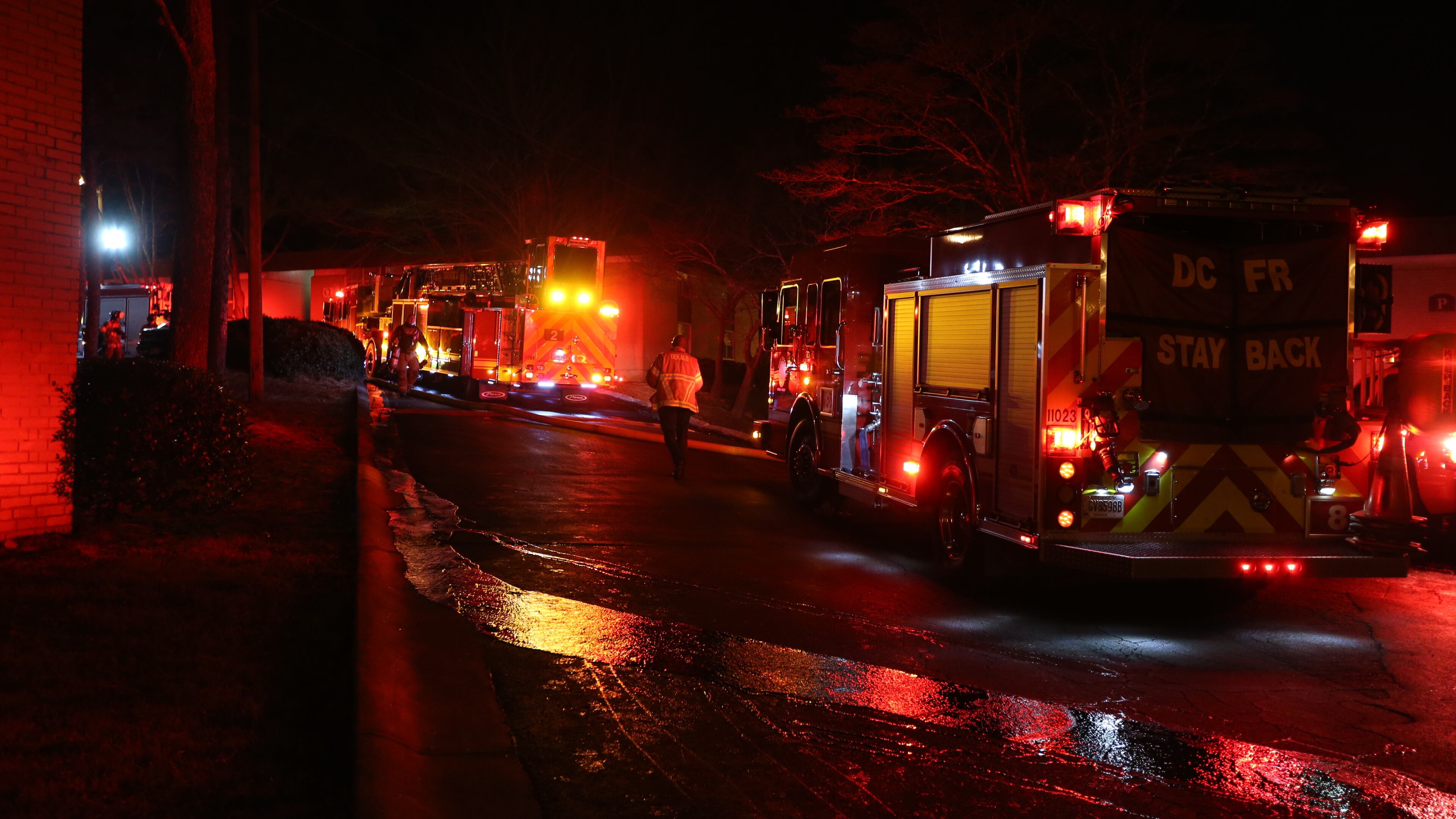 DeKalb County Fire and Rescue puts out a fire in the 3500 block of Buford Highway in Brookhaven Tuesday night. Ben Gray / bgray@ajc.com