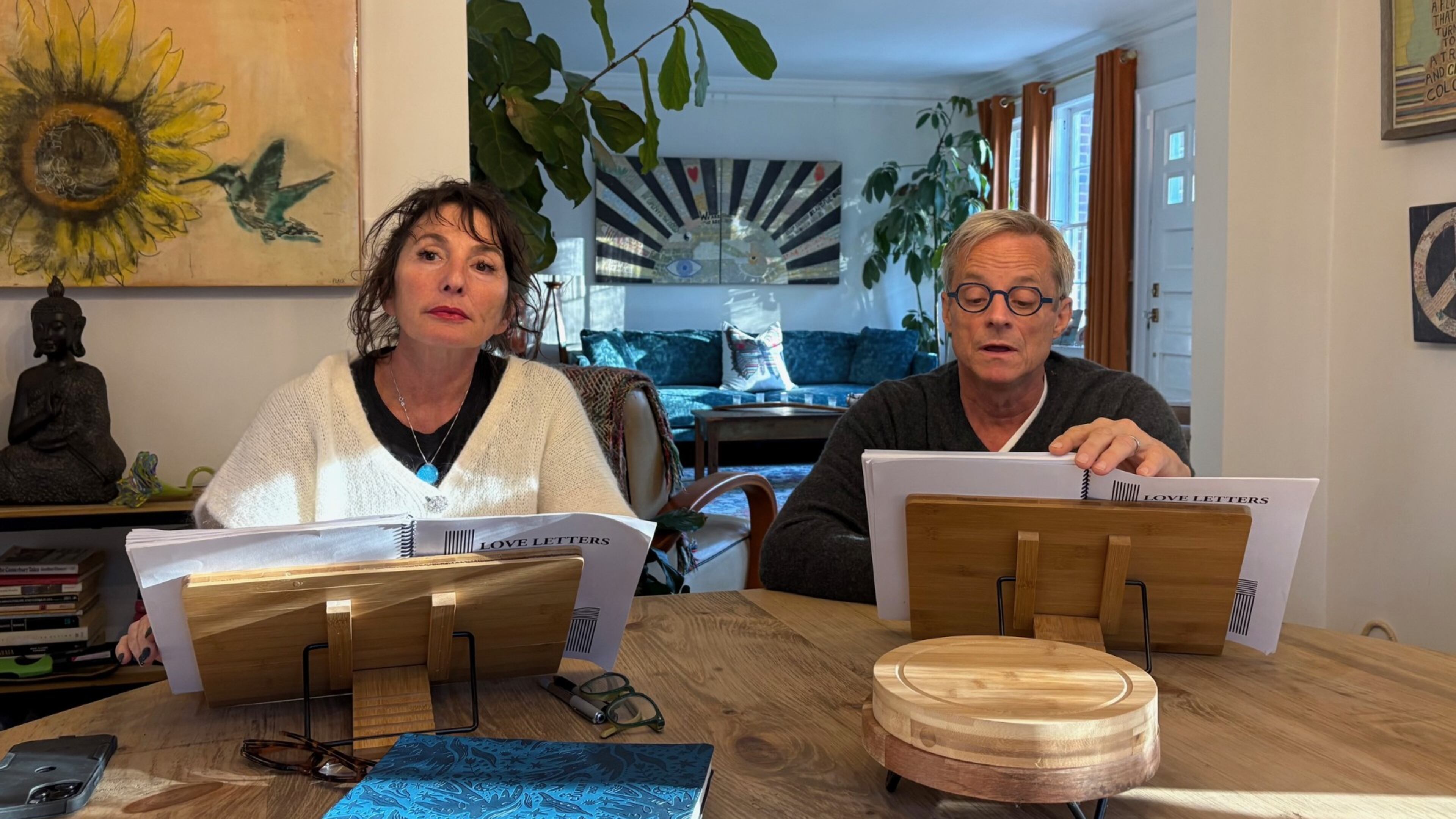 Jennifer "Jenny" Levison, left, and Mitchell Anderson reviewing the script for "Love Letters." (Photo by Courtenay Collins)