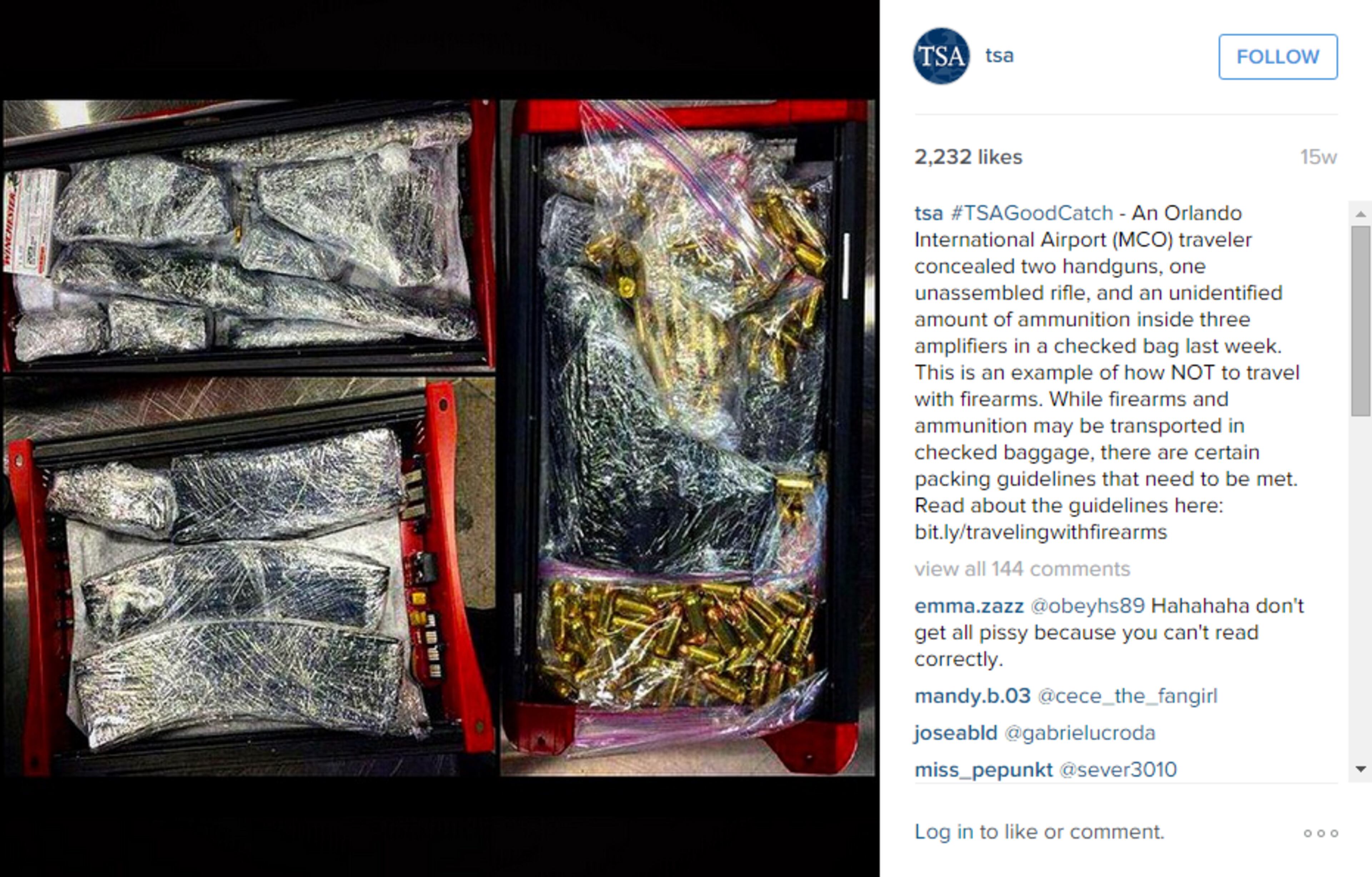 Two handguns, one unassembled rifles and ammunition concealed inside amplifiers.