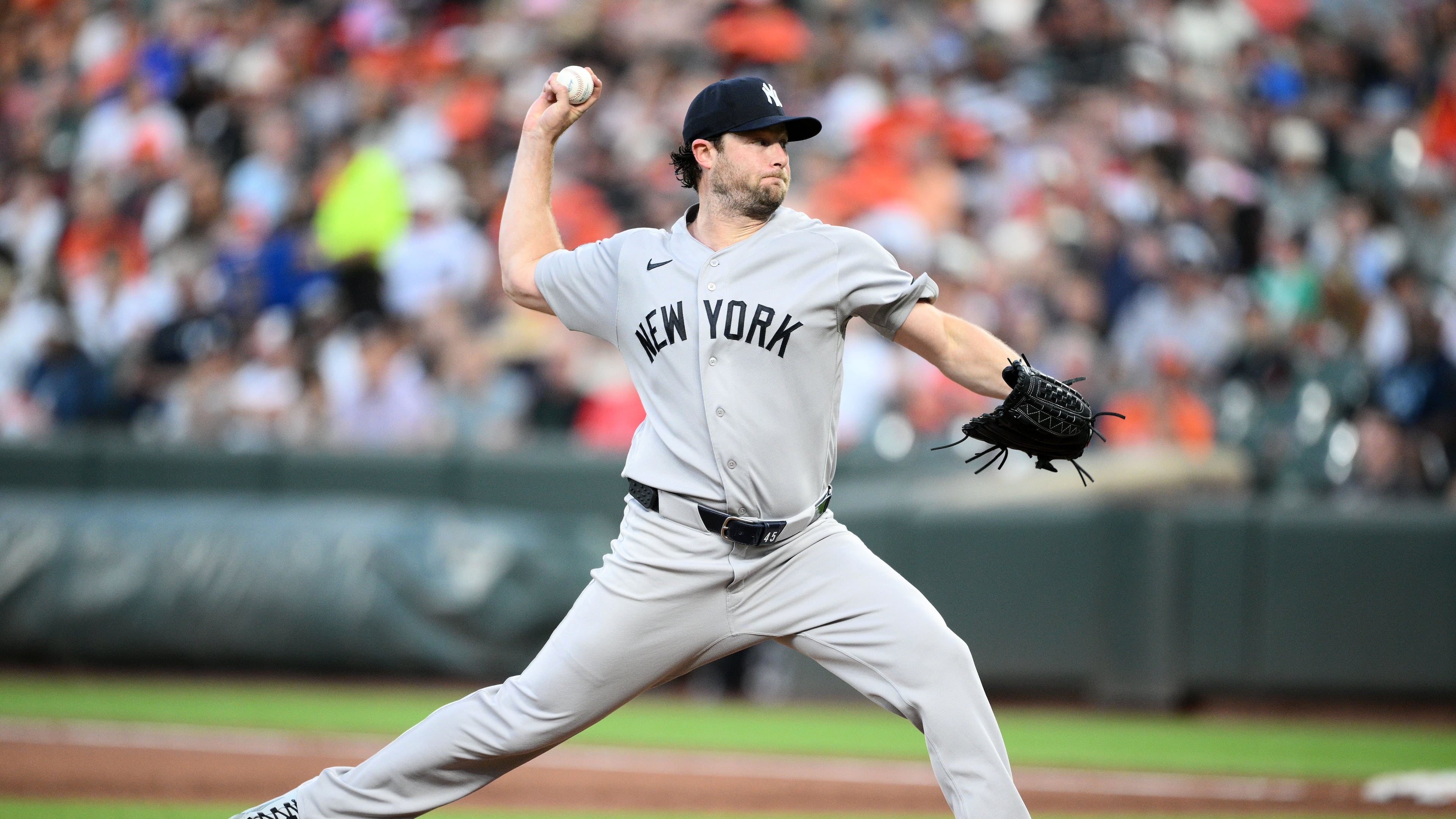 New York Yankees pitcher Gerrit Cole throws during the second inning of a baseball game against the Baltimore Orioles, Thursday, Aug. 20, 2026, in Baltimore. (AP Photo/Nick Wass)