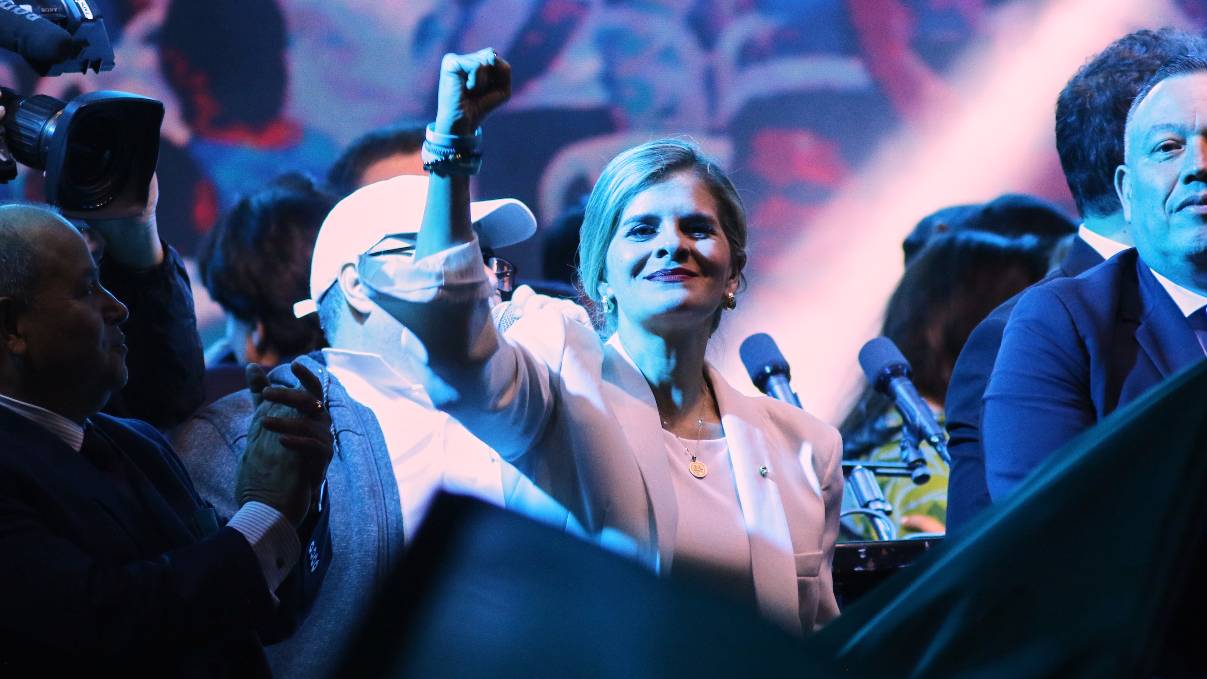 Presidential candidate Laura Fernández addresses supporters after polls closed in San Jose, Costa Rica, Sunday, Feb. 1, 2026. (AP Photo/Carlos Borbon)