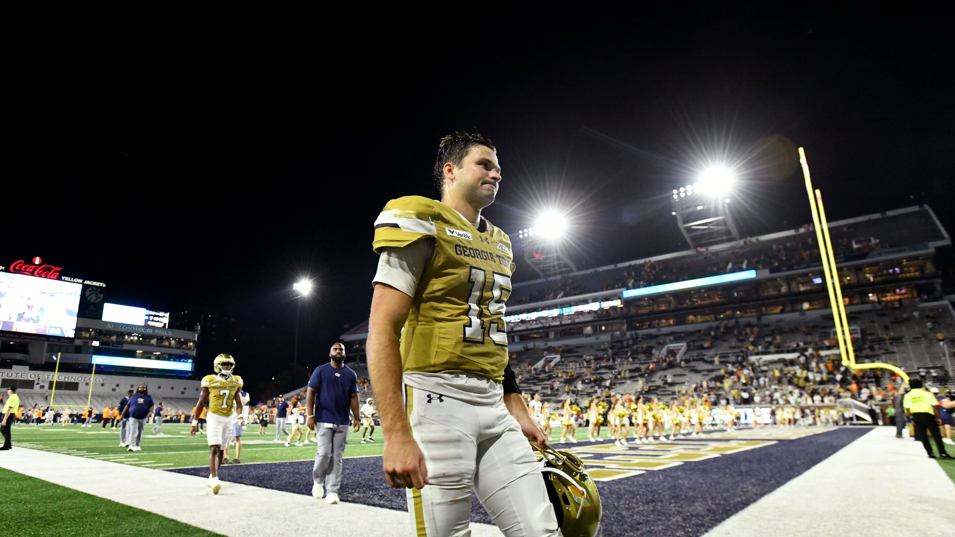 Georgia Tech quarterback Alberto Mendoza leaves the field after a 45-24 loss to Tennessee on Saturday, Sept. 12, 2026, at Bobby Dodd Stadium in Atlanta. (Hyosub Shin/AJC)