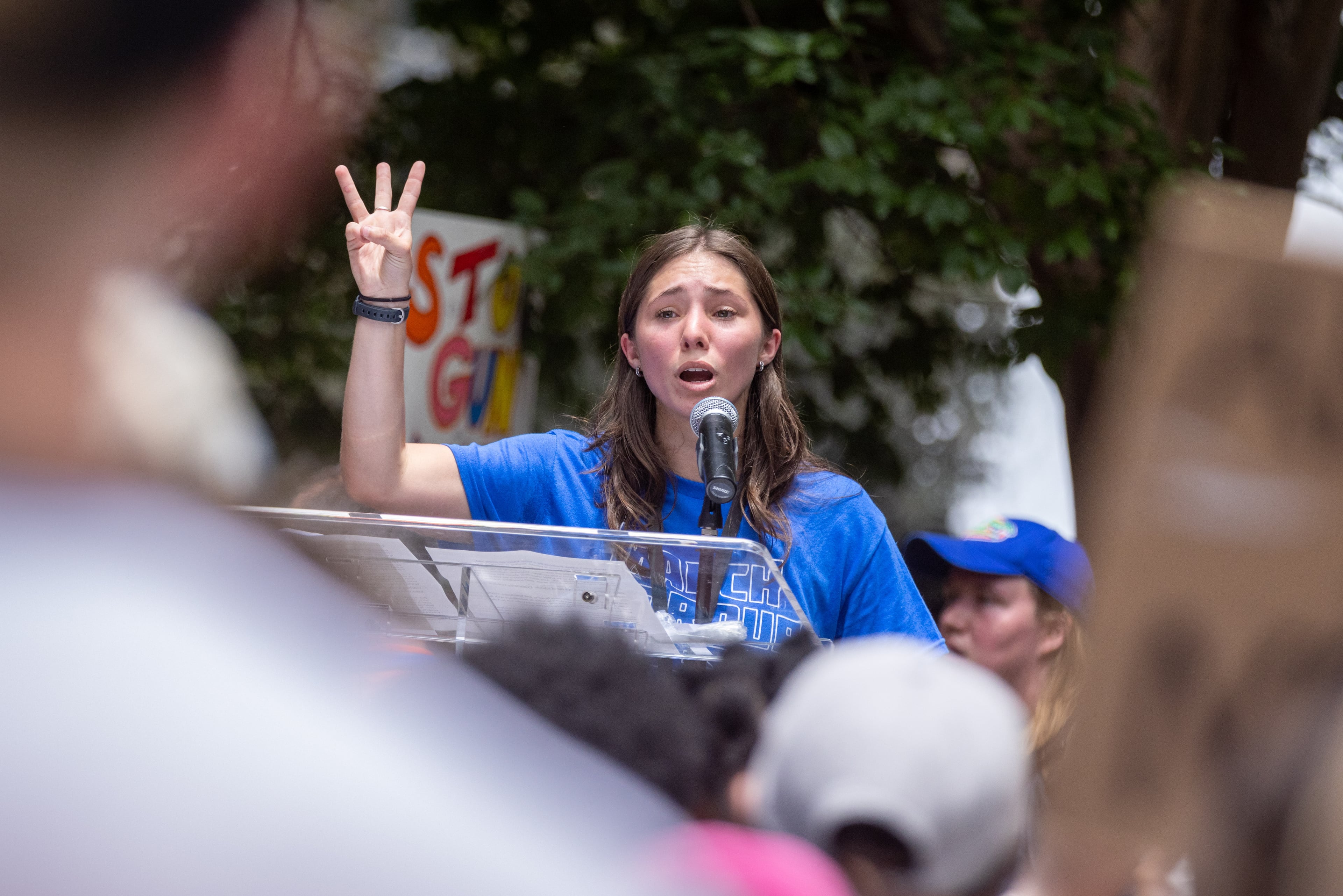 Sarah Dowling speaks to the crowd during a March for Our Lives rally at Woodruff Park on Saturday, June 11, 2022. (Steve Schaefer / steve.schaefer@ajc.com)