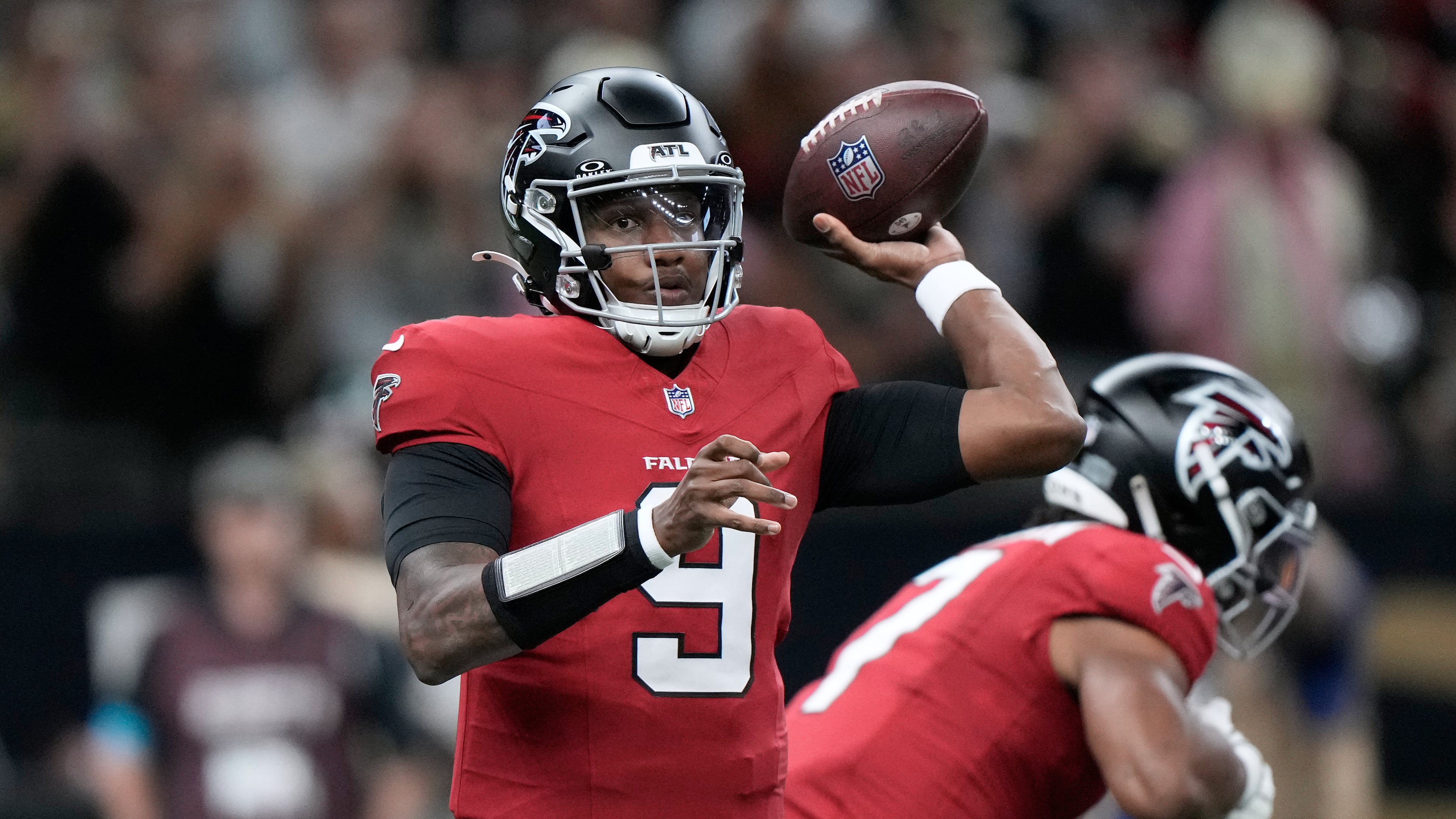 Atlanta Falcons quarterback Michael Penix Jr. passes against the New Orleans Saints during the first half of an NFL football game in New Orleans, Monday, Oct. 5, 2026. (Gerald Herbert/AP)