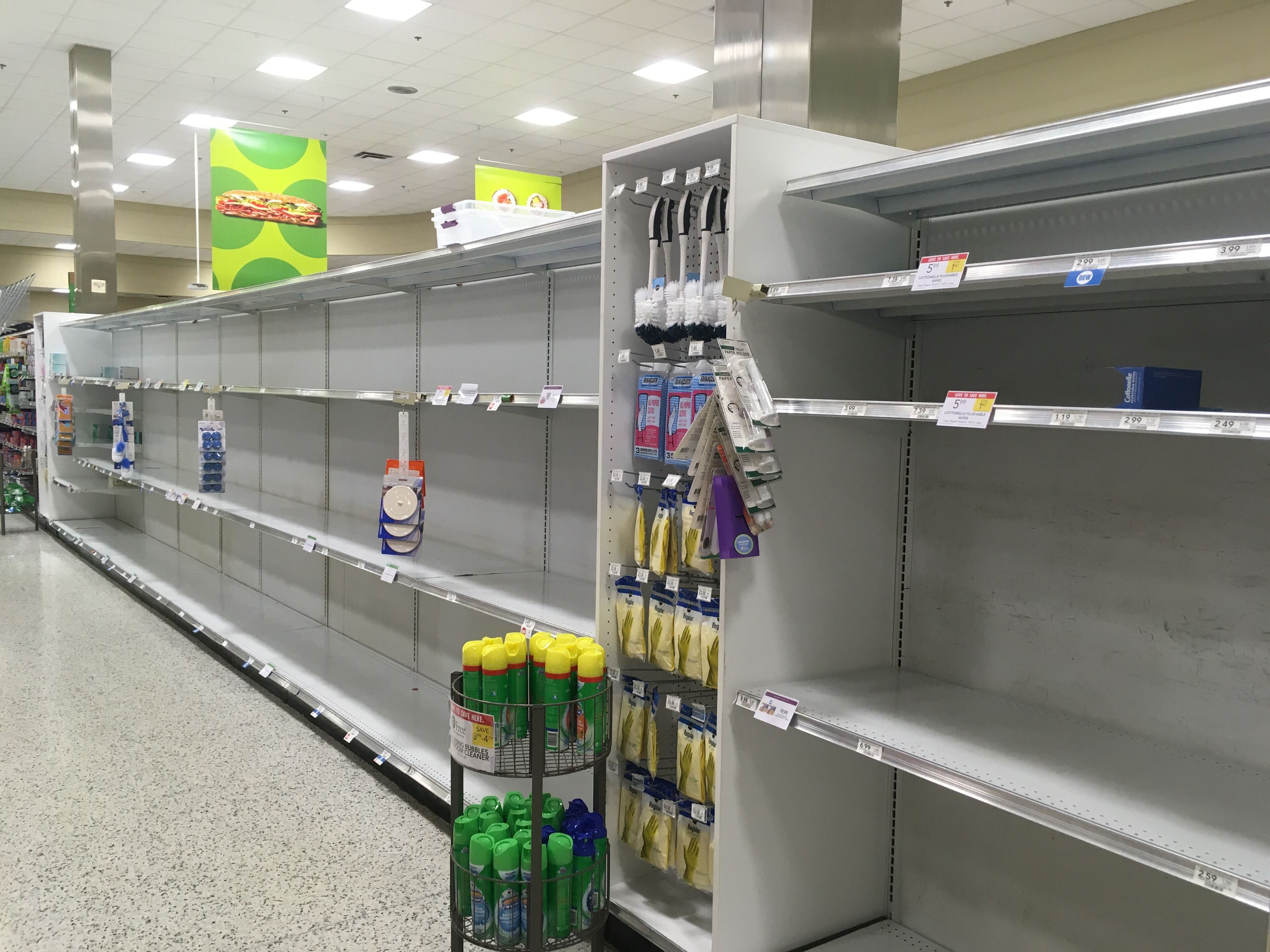 The Publix on Ponce in Poncey-Highland looked fairly well stocked Friday morning except for toilet paper, cleaners, frozen veggies, milk, meats and honey crisp apples.