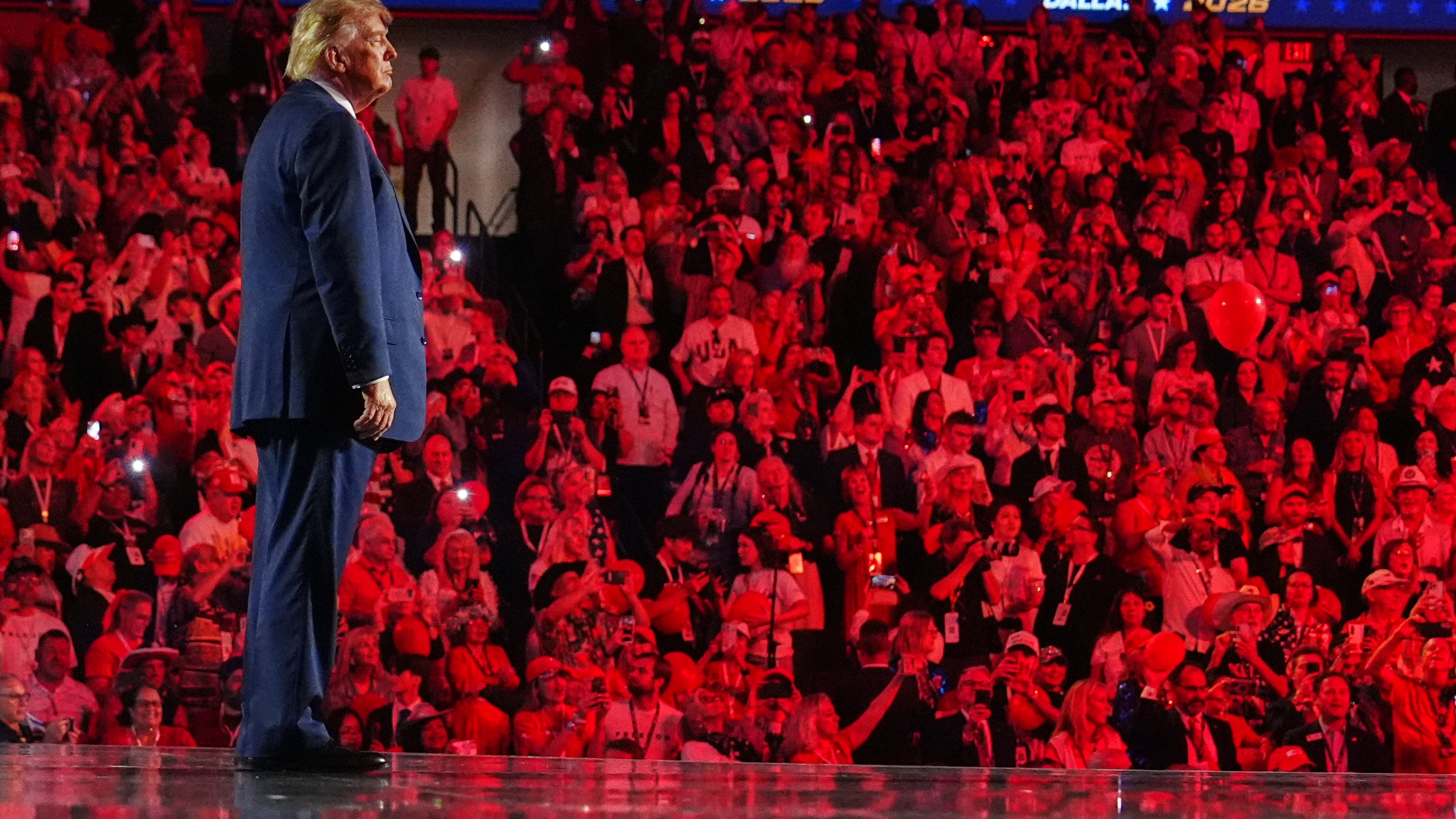 President Donald Trump stands on stage after speaking at the Republican convention, Thursday, Sept. 10, 2026, in Dallas. (AP Photo/Julia Demaree Nikhinson)