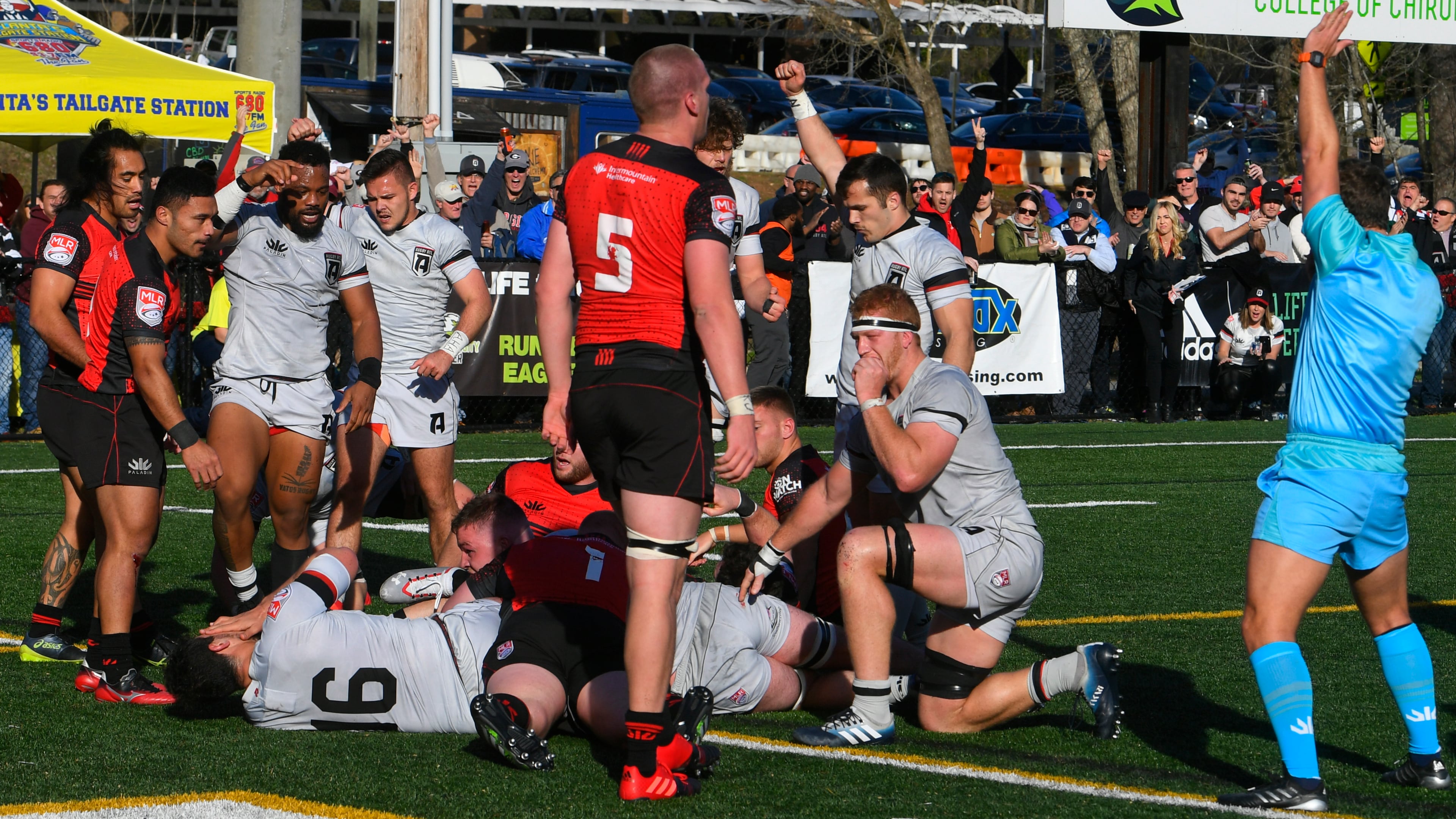 Ross Deacon (16) scores the second try for Rugby ATL Sunday, Feb. 9, 2020, against the Utah Warriors at Lupo Family Field in Marietta.