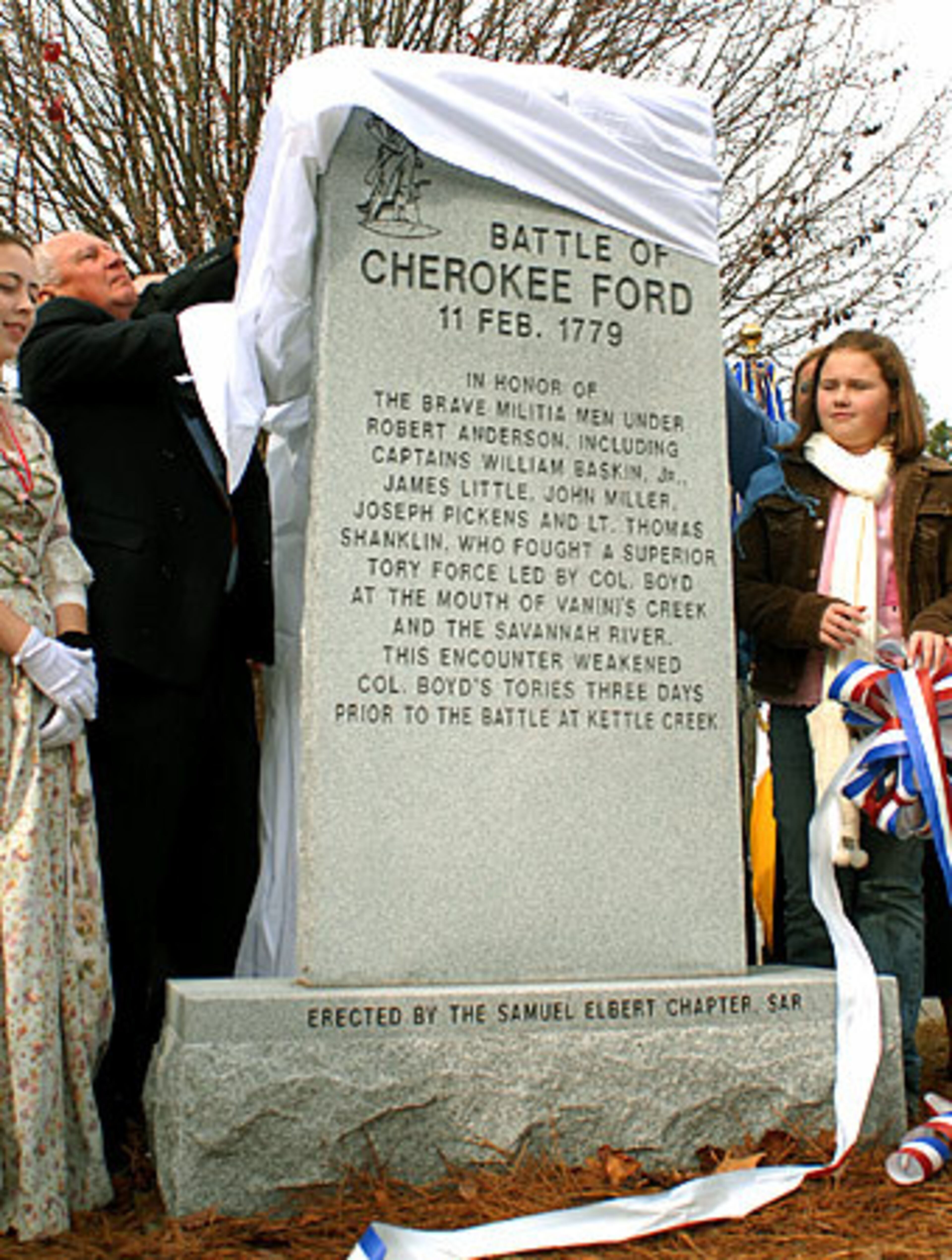 The marker was placed in Richard B. Russell State Park at the beach area where the battle took place. Elbert County Commission Chairman Tommy Lyon unvails the monument.