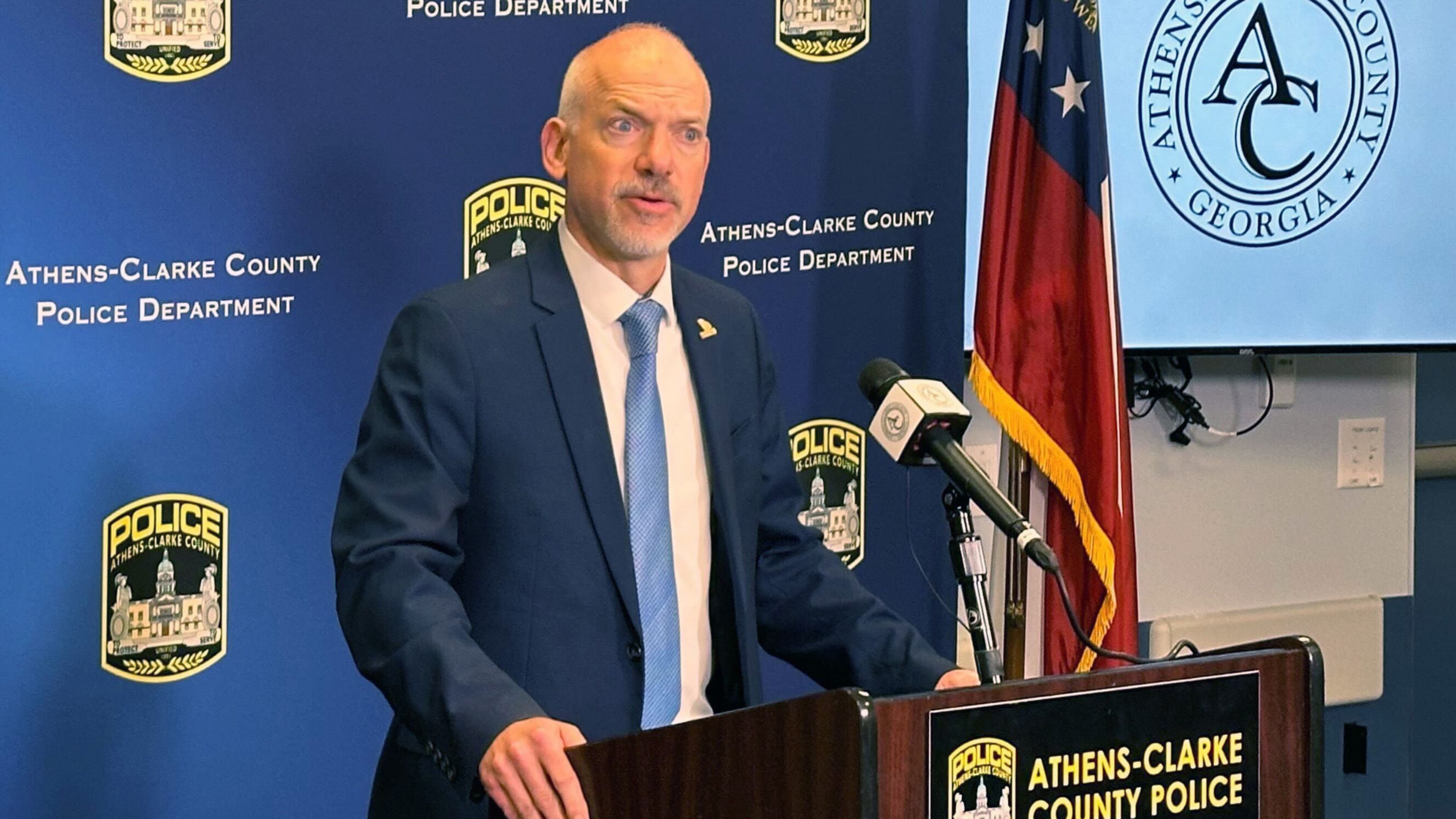 Athens Clarke-County Mayor Kelly Girtz responds to Republicans who have criticized immigration during a news conference in Athens, Georgia, on Wednesday, Feb. 28, 2024. Girtz addressed public safety and immigration in the wake of the University of Georgia campus death of Laken Hope Riley, a 22-year-old nursing student. Police last week charged Jose Antonio Ibarra, a Venezuelan national, with murder in Riley's death. (Fletcher Page/The Atlanta Journal-Constitution/TNS)