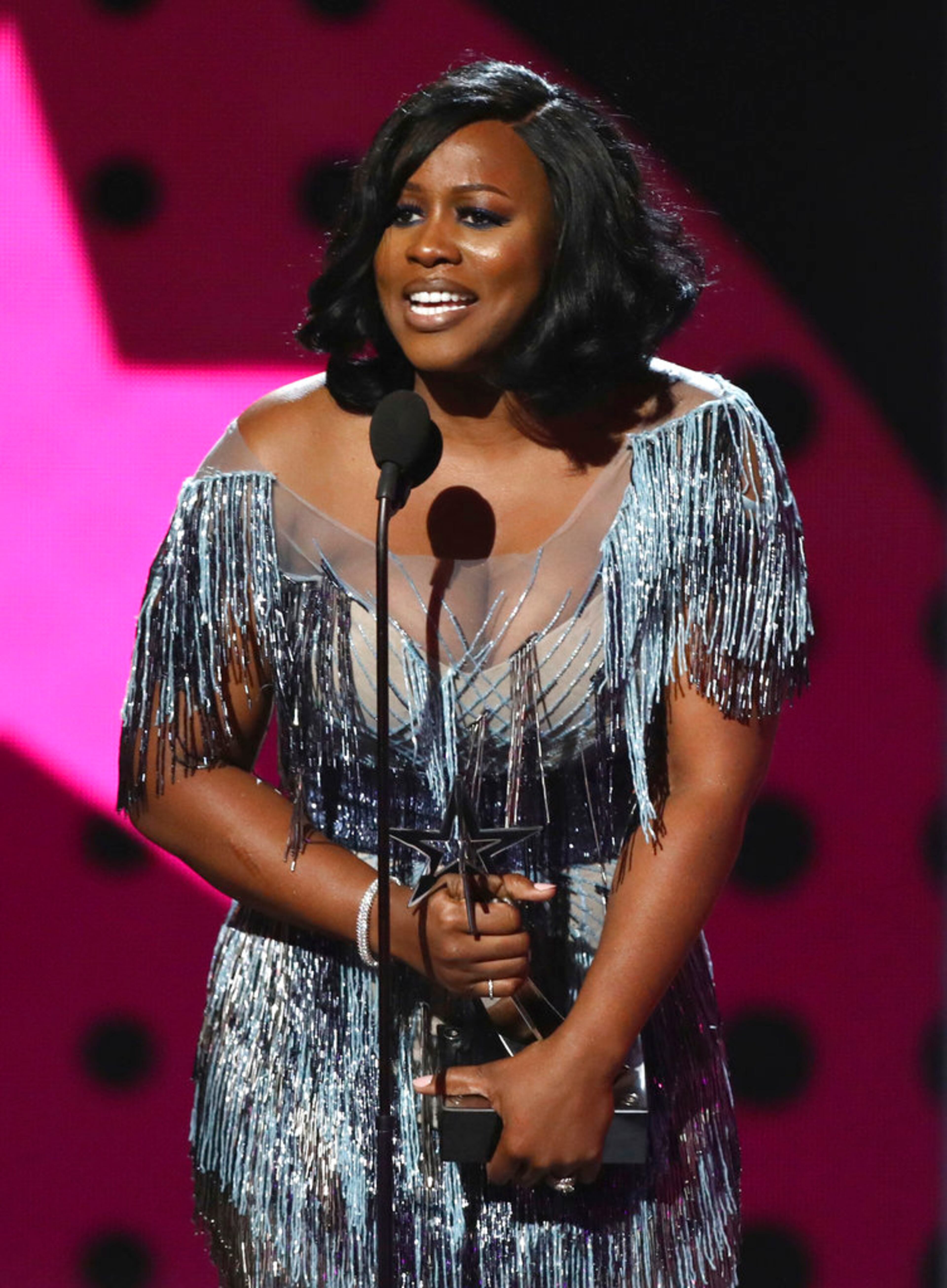 Remy Ma accepts the award for best female hip hop artist at the BET Awards at the Microsoft Theater on Sunday, June 25, 2017, in Los Angeles. (Photo by Matt Sayles/Invision/AP)