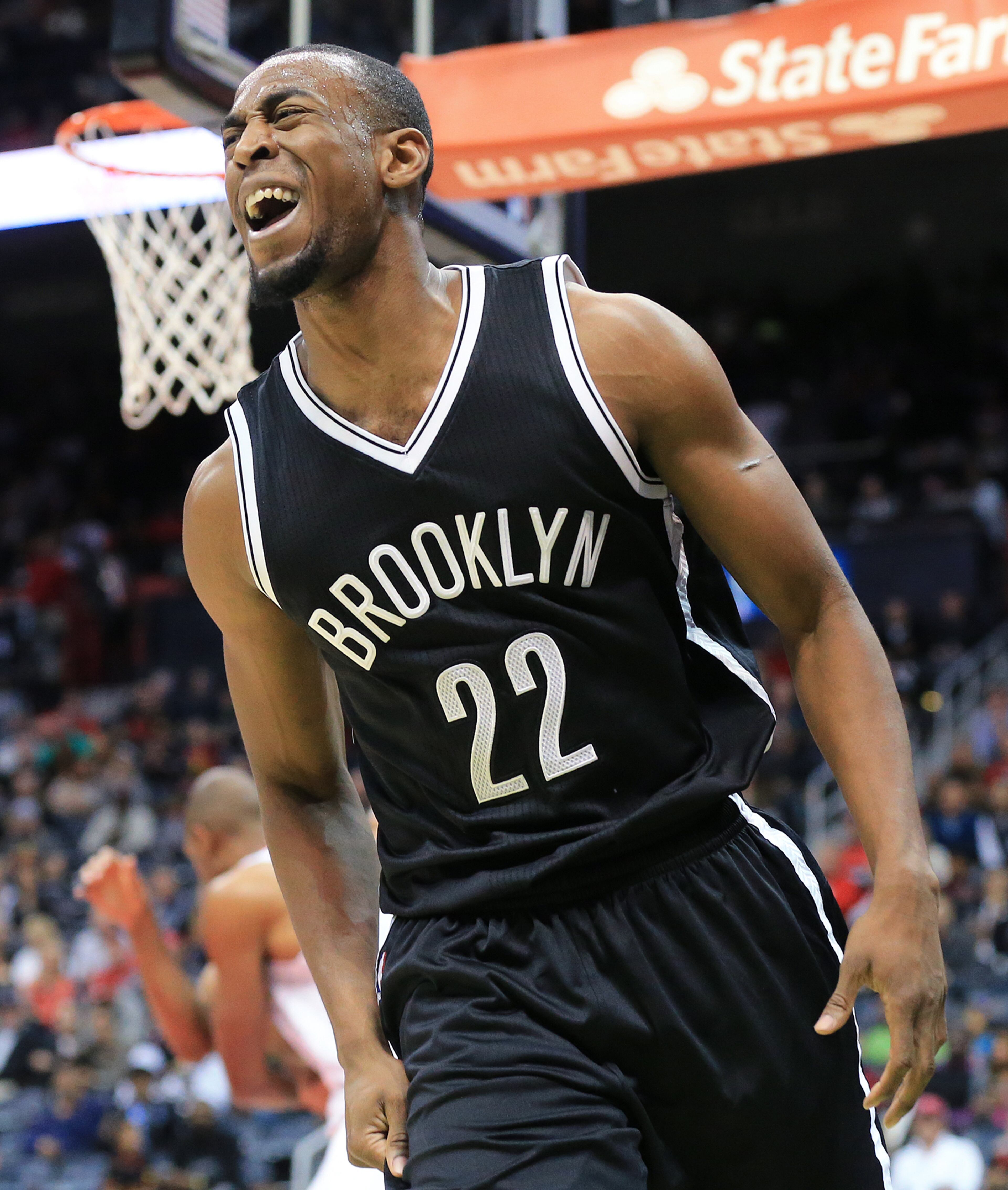 110415 ATLANTA: -- Nets guard Markel Brown reacts after he fouled against the Hawks during the first period in a basketball game on Wednesday, Nov. 4, 2015 in Atlanta. Curtis Compton / ccompton@ajc.com