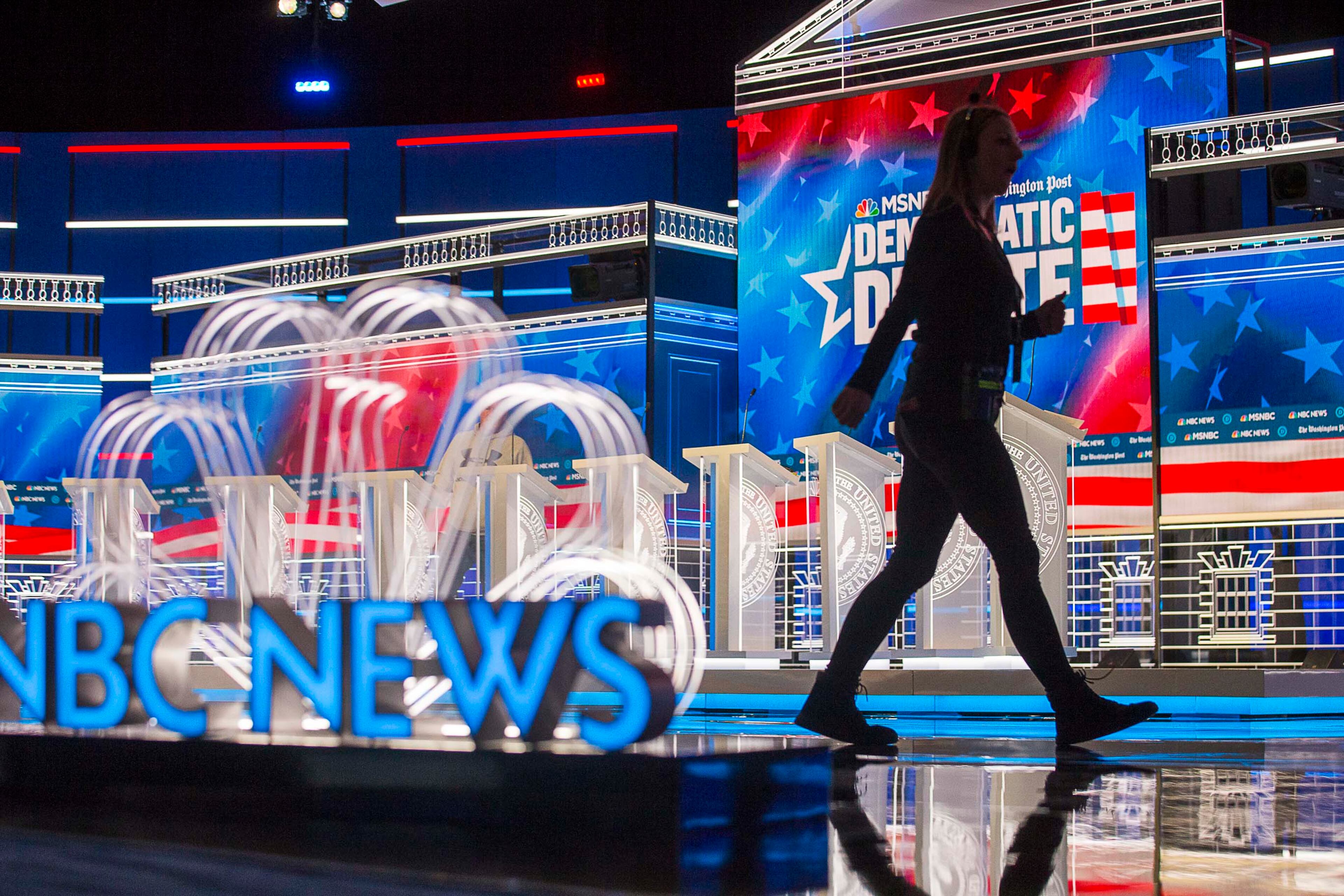 11/19/2019 -- Atlanta, Georgia -- Crews continue to work on the final touches of the debate stage a day before the televised MSNBC/The Washington Post Democratic Presidential debate inside the Oprah Winfrey Soundstage at Tyler Perry Studios in Atlanta, Tuesday, November 19, 2019. (Alyssa Pointer/Atlanta Journal Constitution)