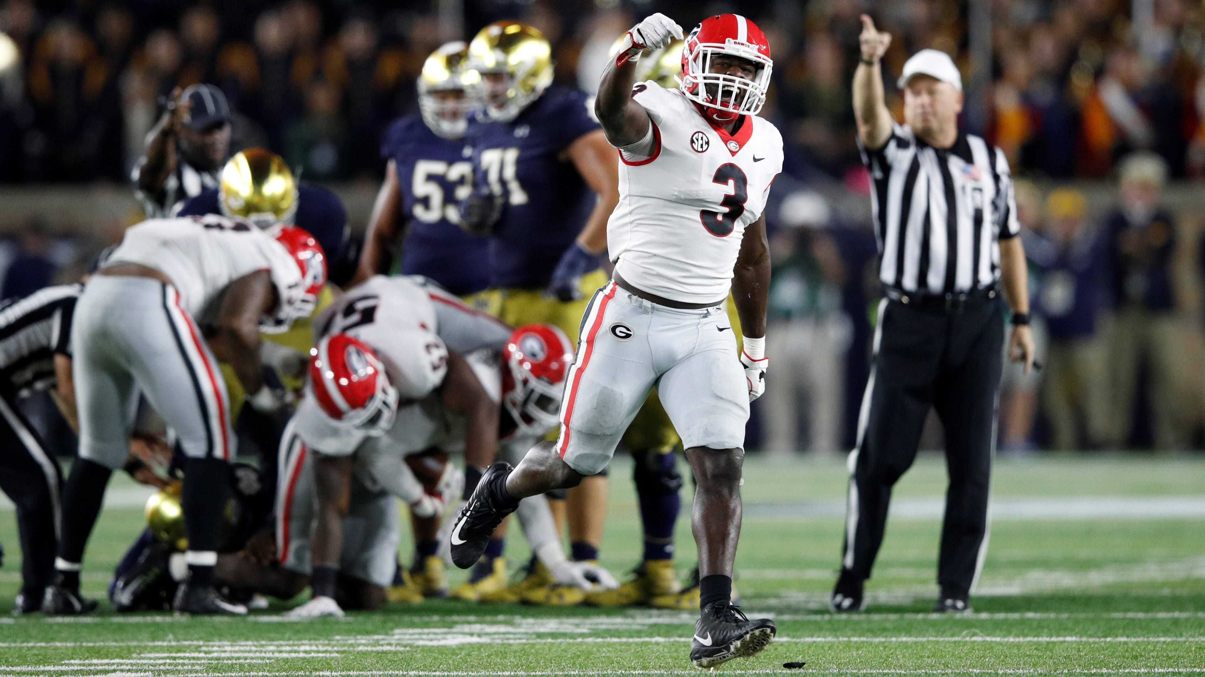 Roquan Smith of the Georgia Bulldogs celebrates after a fumble recovery by a teammate in the fourth quarter of a game against the Notre Dame Fighting Irish at Notre Dame Stadium on September 9, 2017 in South Bend, Indiana. Georgia won 20-19. (Photo by Joe Robbins/Getty Images)