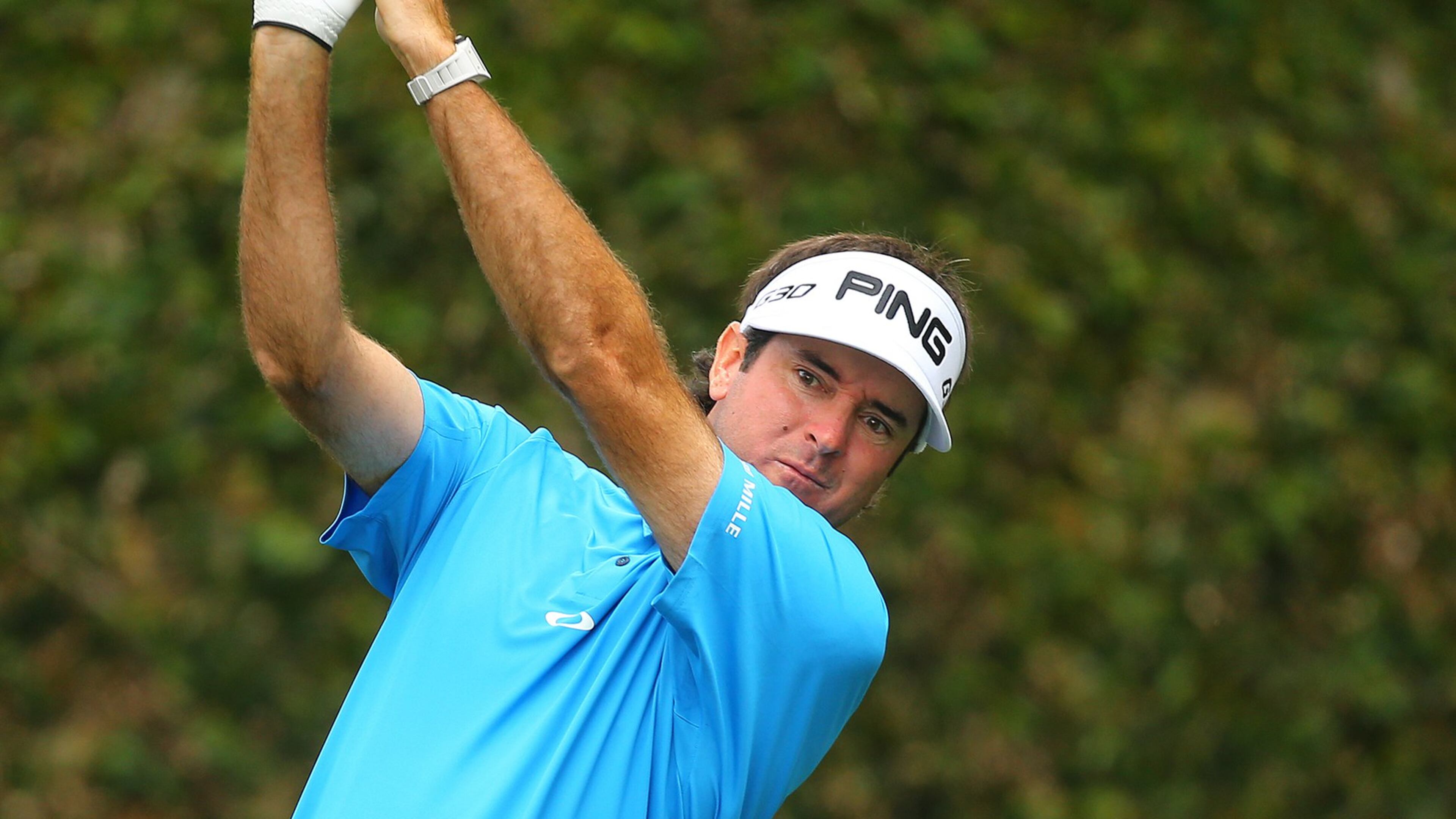 Bubba Watson hits his driver teeing off on the second hole during his practice round at Augusta National Golf Club on Monday, April 6, 2015, in Augusta. (Curtis Compton / ccompton@ajc.com)