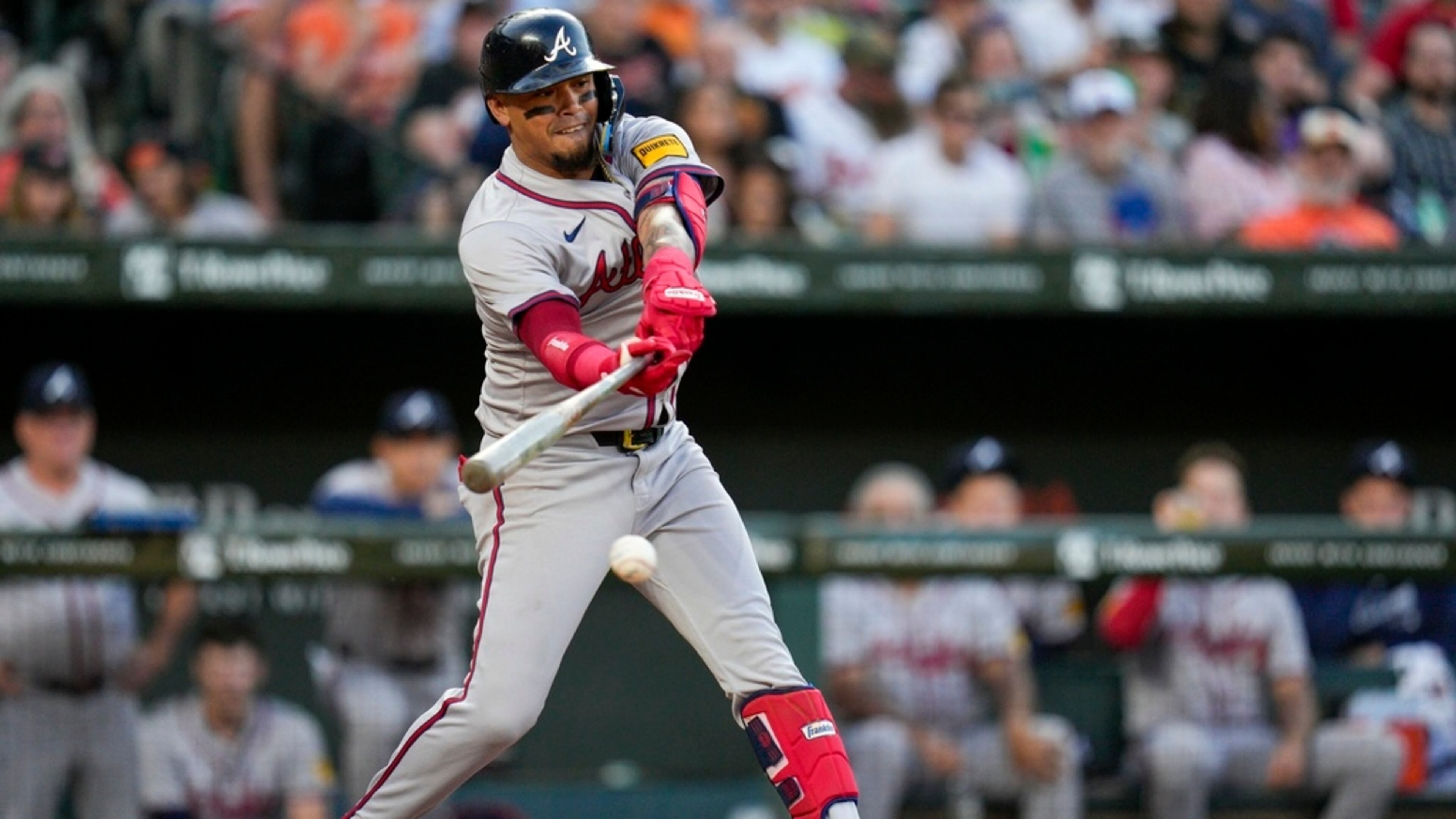 Atlanta Braves' Orlando Arcia hits a single against the Baltimore Orioles during the fifth inning of a baseball game, Tuesday, June 11, 2024, in Baltimore. (AP Photo/Jess Rapfogel)