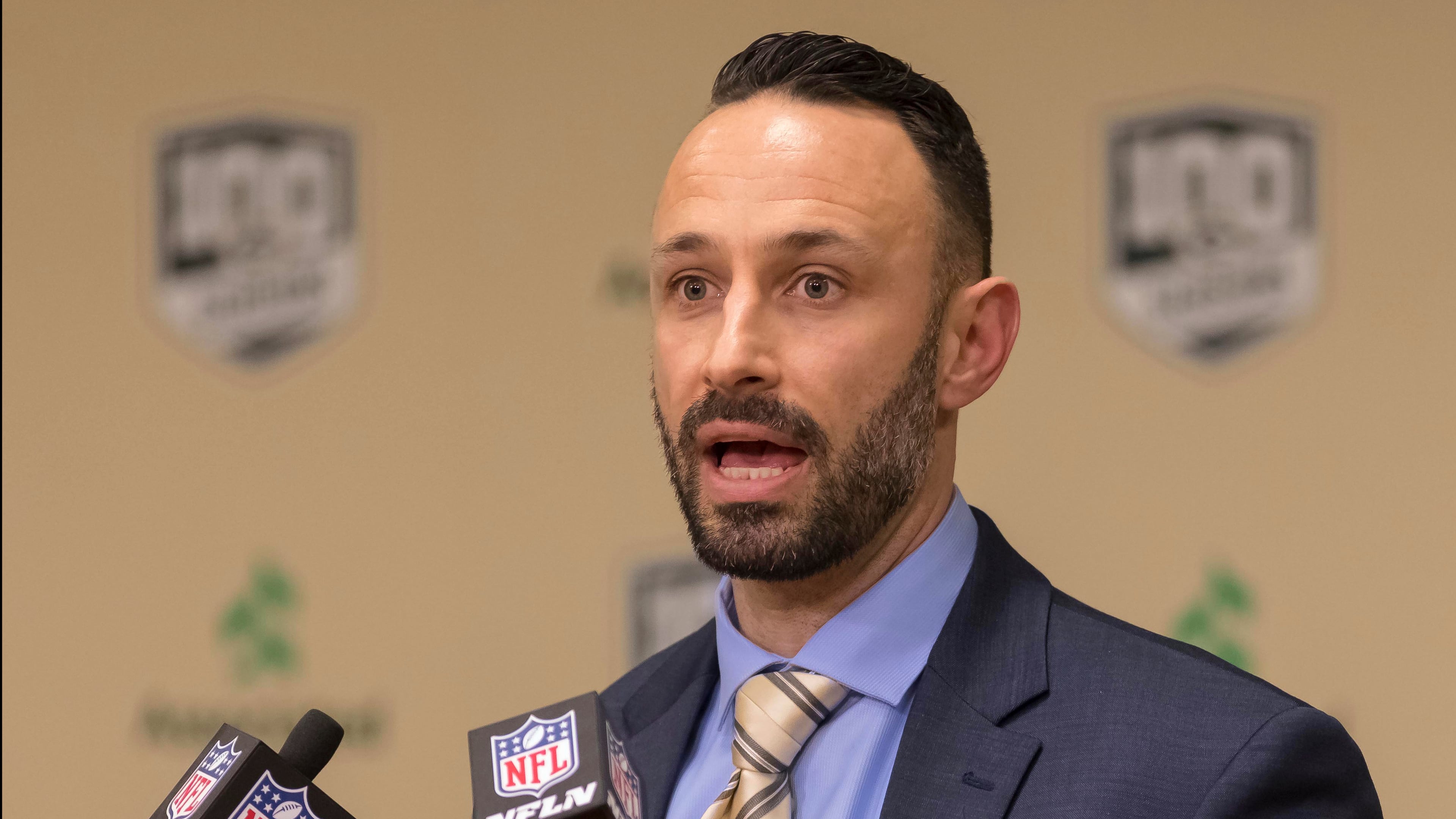 FILE - Jon-Eric Sullivan, Green Bay Packers director of college scouting, talks in Green Bay, Wis., April 26, 2018. (AP Photo/Mike Roemer, File)
