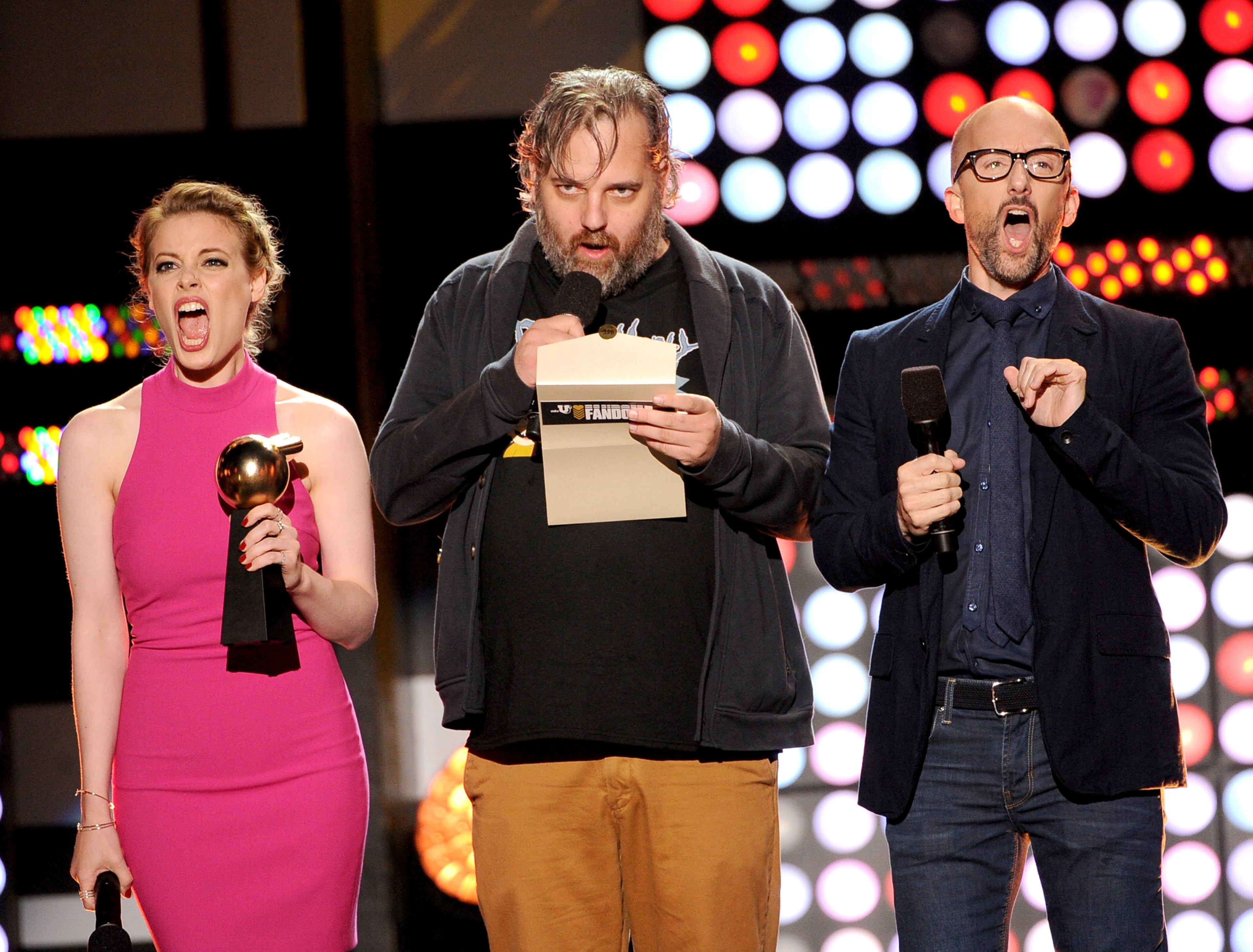 SAN DIEGO, CA - JULY 24: (L-R) Actress Gillian Jacobs, Writer Dan Harmon and actor/writer Jim Rash speak onstage at the MTVu Fandom Awards during Comic-Con International 2014 at PETCO Park on July 24, 2014 in San Diego, California. (Photo by Kevin Winter/Getty Images)