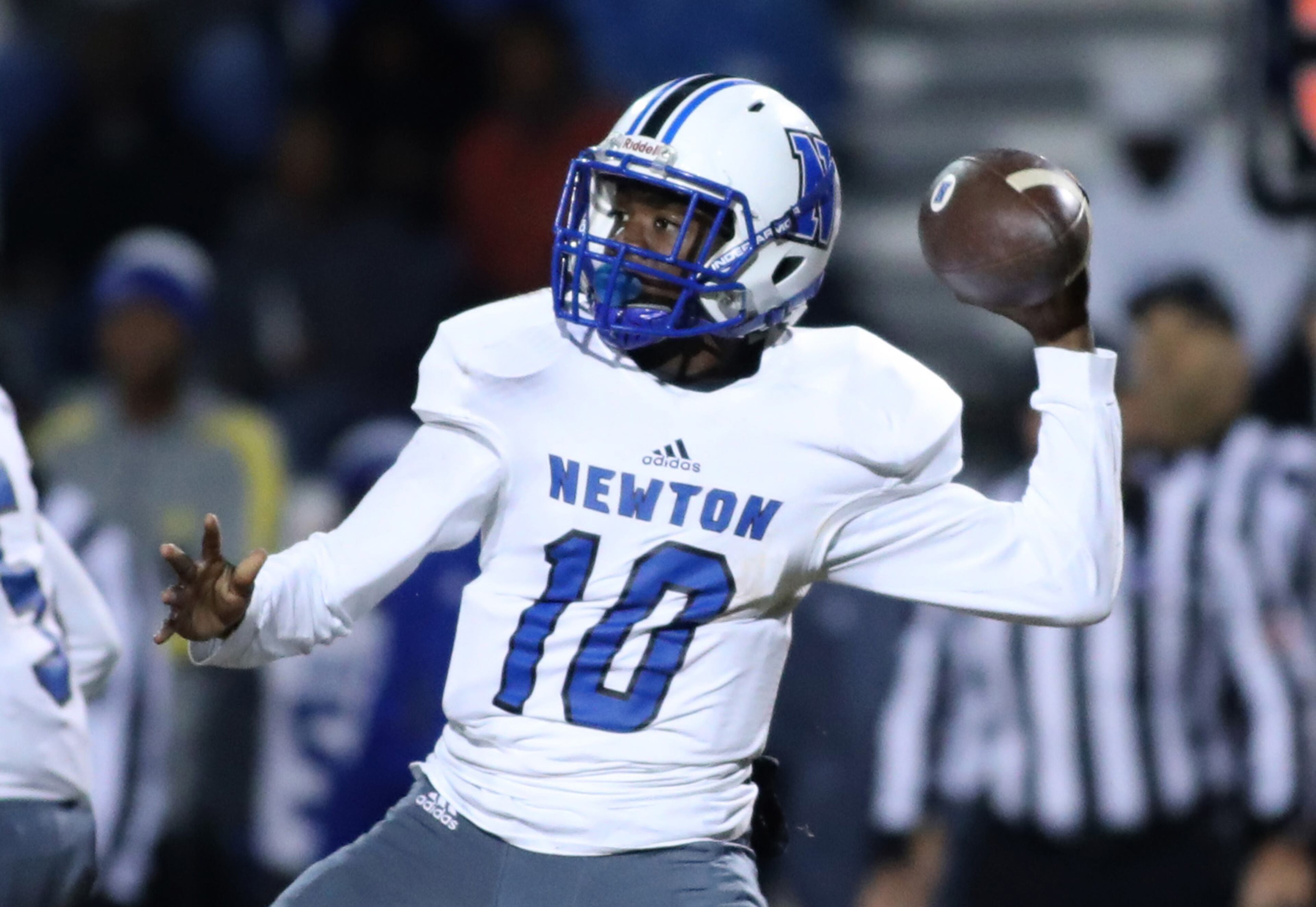 Newton quarterback Neal Howard (10) attempts a pass in the first half of their game against Parkview in the first round of the Class AAAAAAA playoffs at Parkview High School Friday, November 10, 2017, in Lilburn, Ga. PHOTO / JASON GETZ