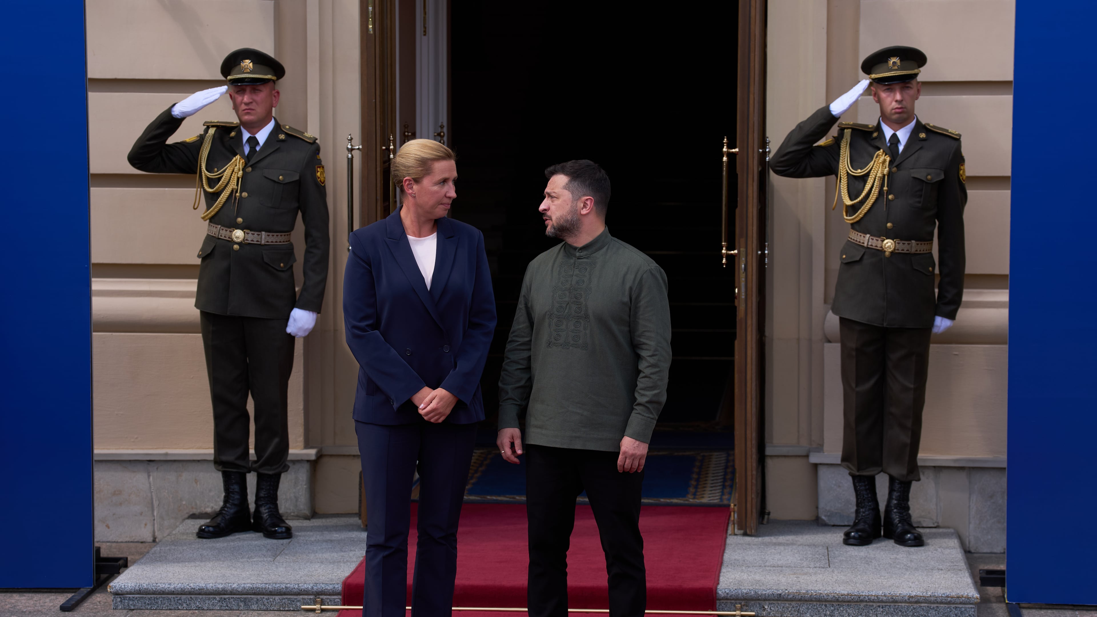Danish Prime Minister Mette Frederiksen, left, is welcomed by President Volodymyr Zelenskyy during a Ukrainian and Nordic-Baltic countries summit in Kyiv, Sunday, Aug. 23, 2026. (AP Photo/Francisco Seco)