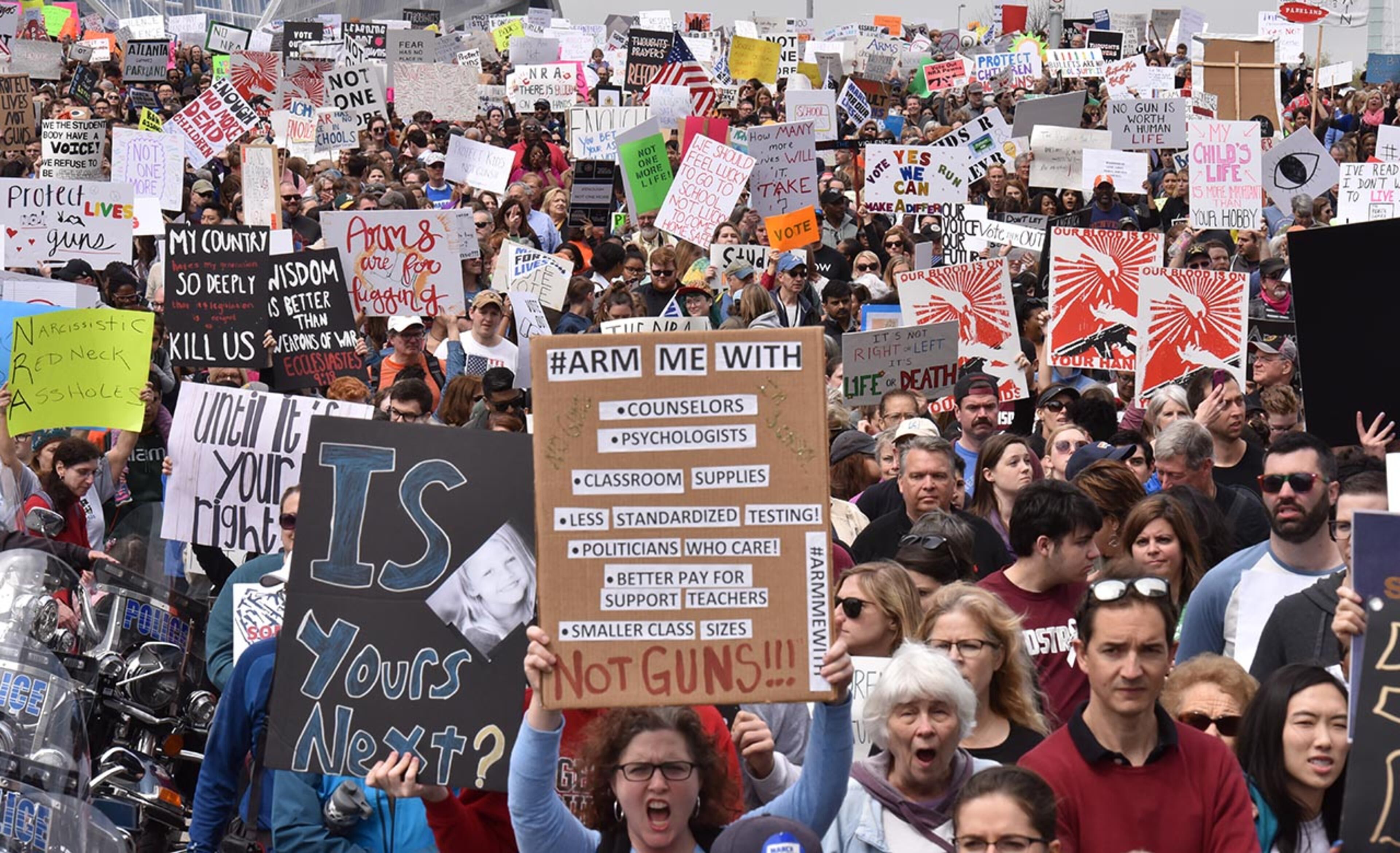 March 24, 2018 Atlanta - Thousands of people march to Liberty Plaza during the March For Our Lives rally in downtown Atlanta on Saturday, March 24, 2018. Atlanta police estimated the crowd at near 30,000 for today's March for Our Lives. People of all ages were drawn to one of the nationwide demonstrations in a movement begun by student survivors of last month's mass killing in a Parkland, Fla., school. Some of those Florida students were among the speakers in Atlanta. HYOSUB SHIN / HSHIN@AJC.COM