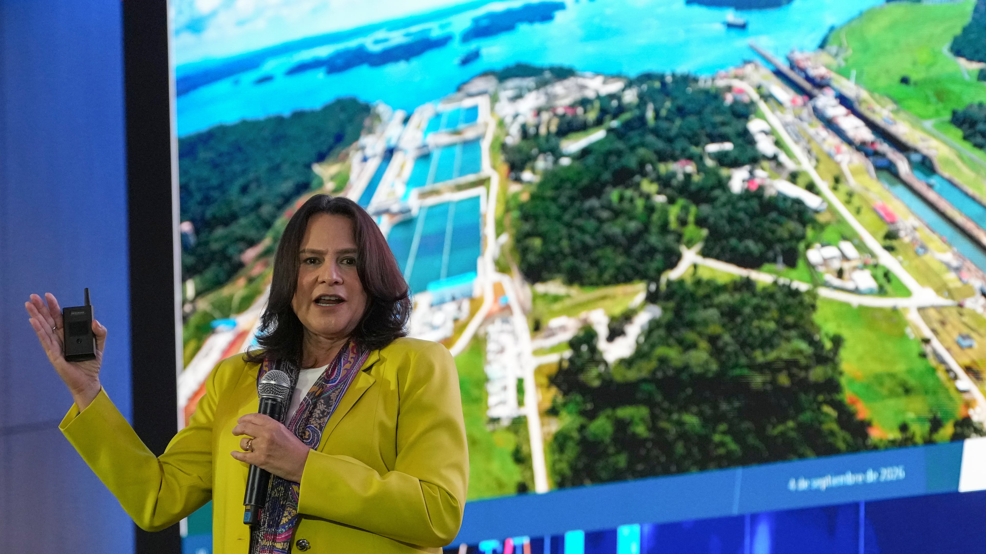 Incoming Panama Canal Administrator Ilya Espino de Marotta speaks during an international financial summit in Panama City, Friday, Sept. 4, 2026. (AP Photo/Matias Delacroix)