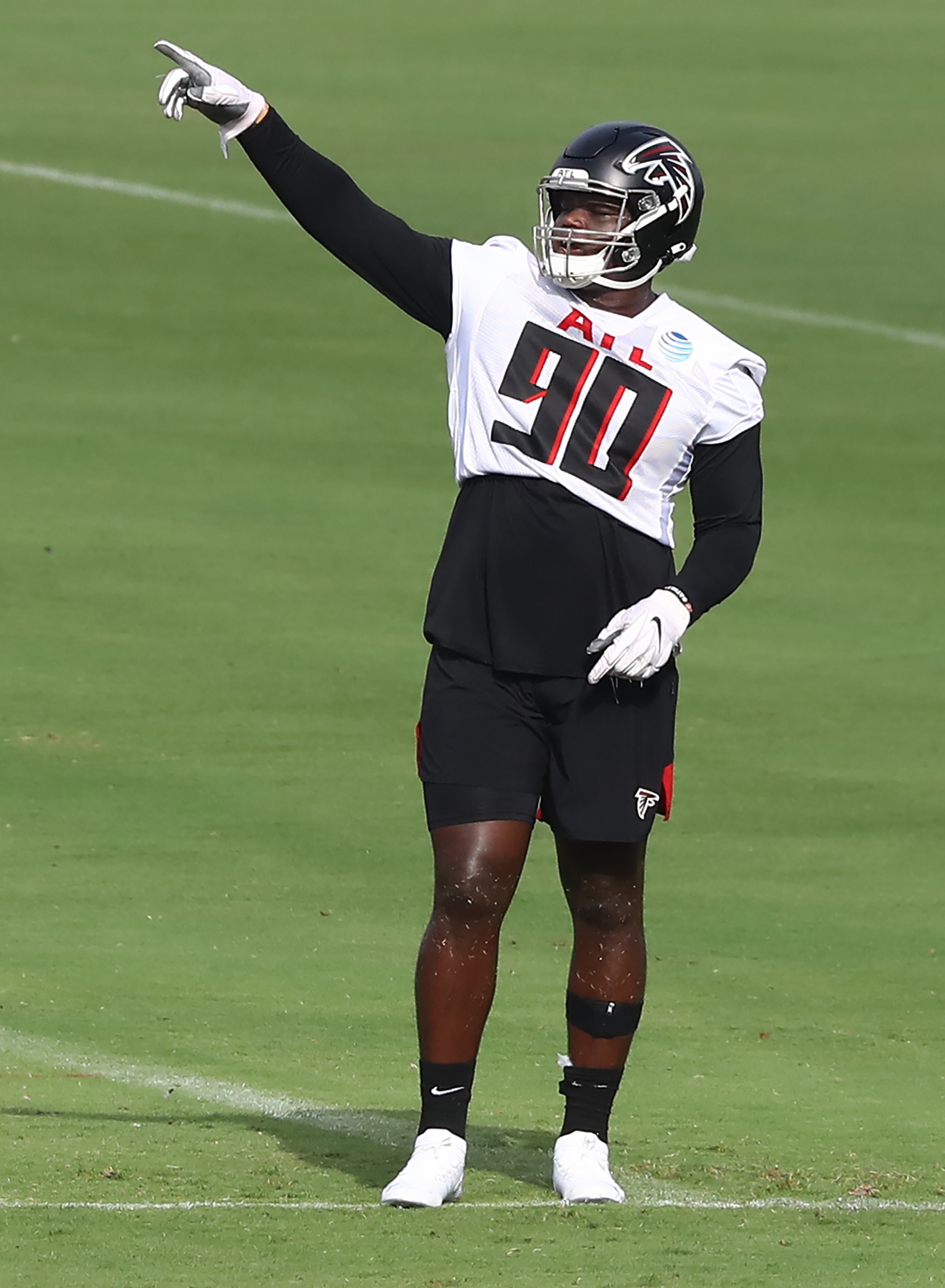 Falcons rookie defensive tackle Marlon Davidson makes a point during training camp on Saturday, August 15, 2020 in Flowery Branch. Curtis Compton ccompton@ajc.com