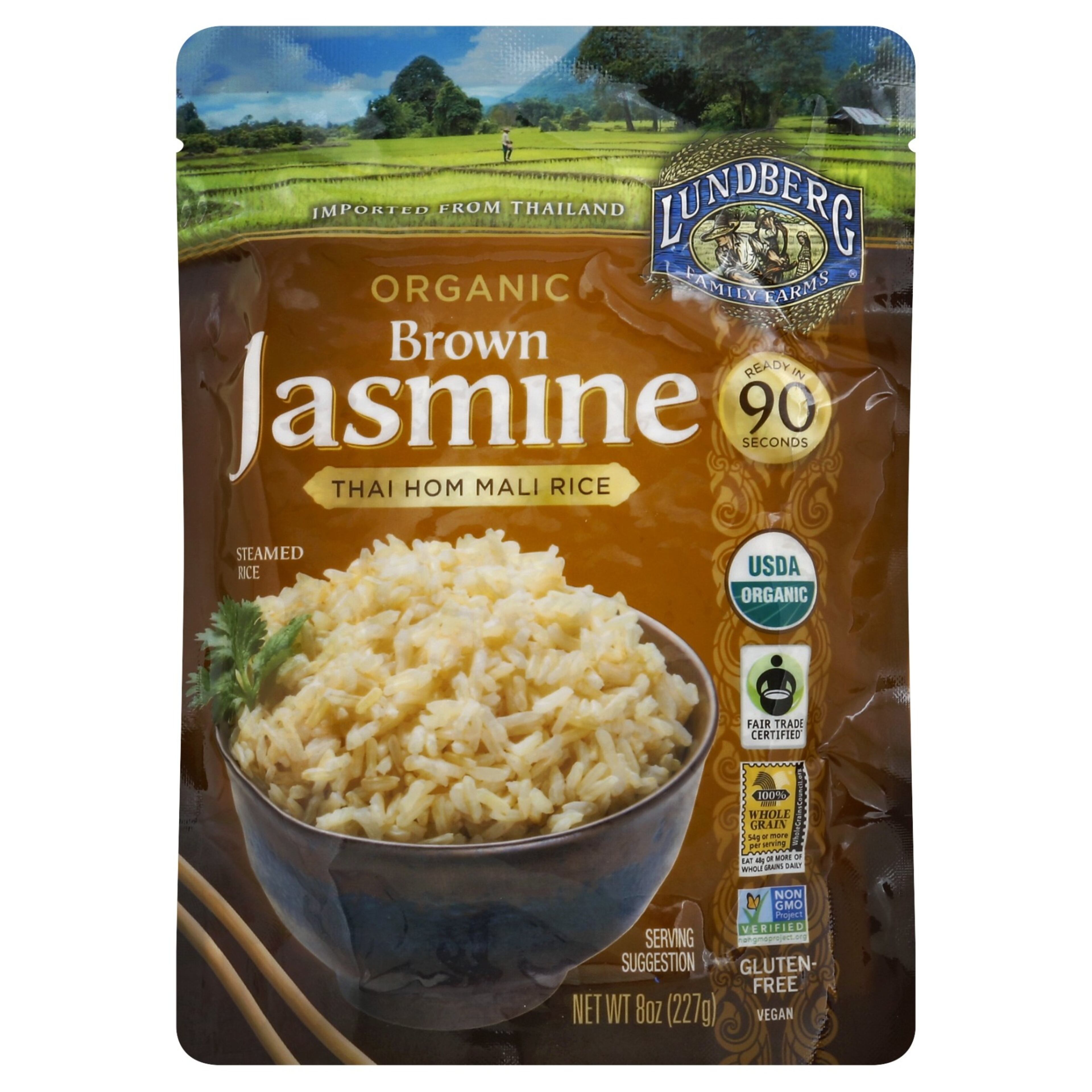 Lundberg organic brown jasmine steamed rice is gluten-free and ready to eat in under two minutes.