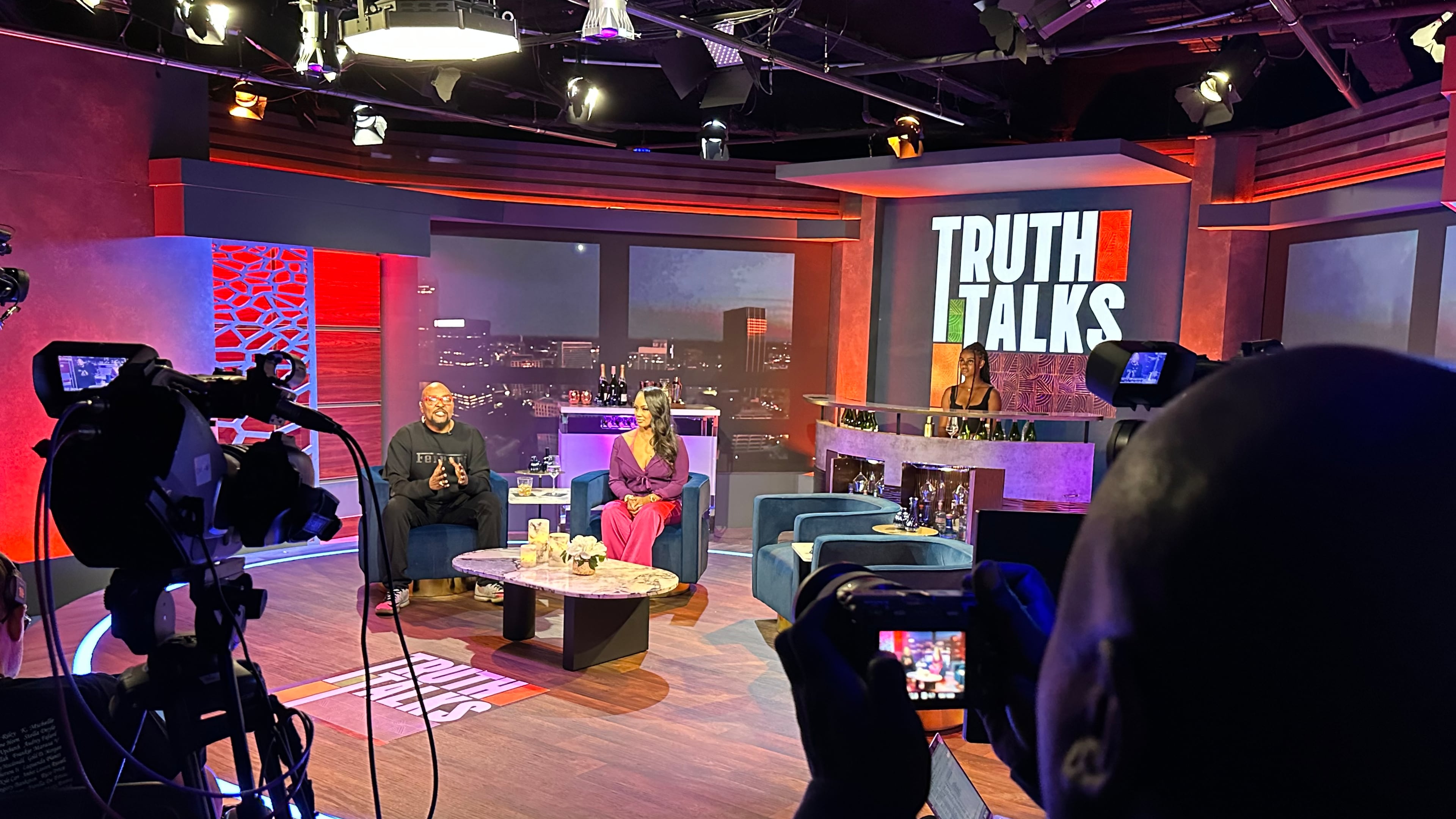 Ryan Cameron leading a panel talk show with Dr. Cheyenne Bryant on the first day of taping Sunday in downtown Atlanta for Fox Soul's "Truth Talks." RODNEY HO/AJC
