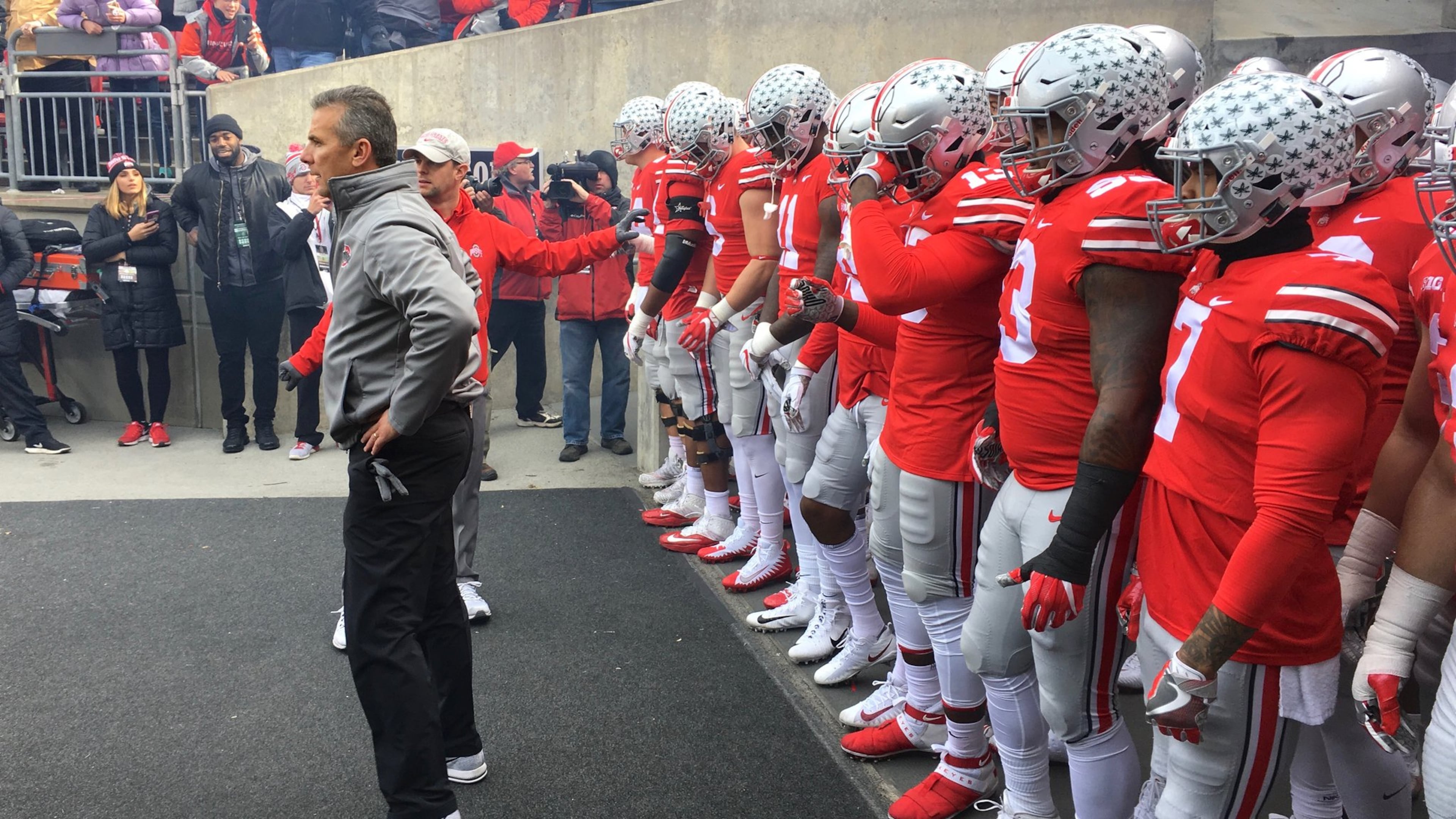 Ohio State’s Urban Meyer waits to lead the team onto the field before a game against Michigan State on Saturday, Nov. 11, 2017, at Ohio Stadium in Columbus. David Jablonski/Staff