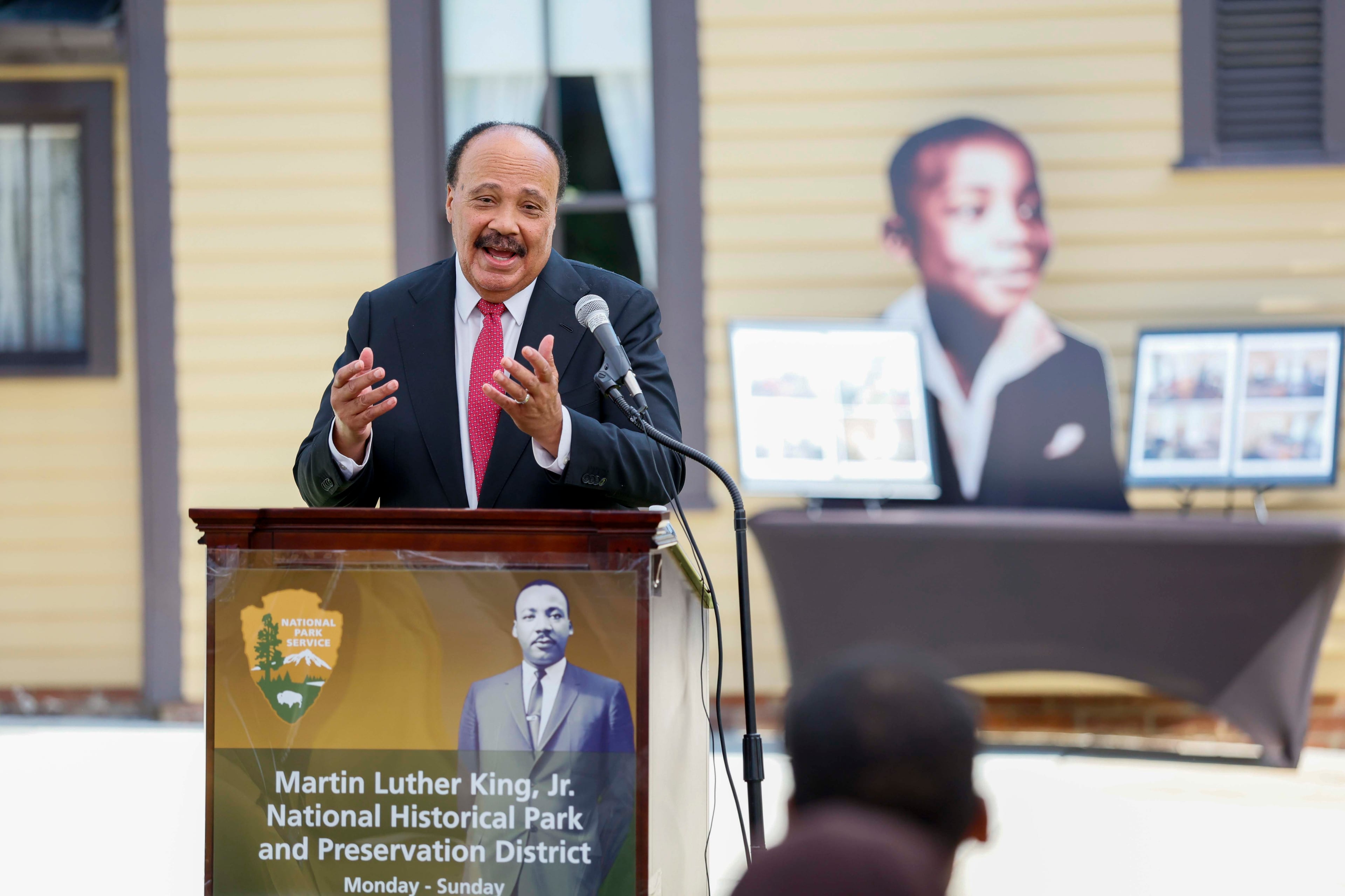 Martin Luther King III speaks at the ribbon-cutting ceremony for the restoration of his father Martin Luther King Jr.'s childhood home on Thursday, July 2, 2026. (Miguel Martinez/AJC)