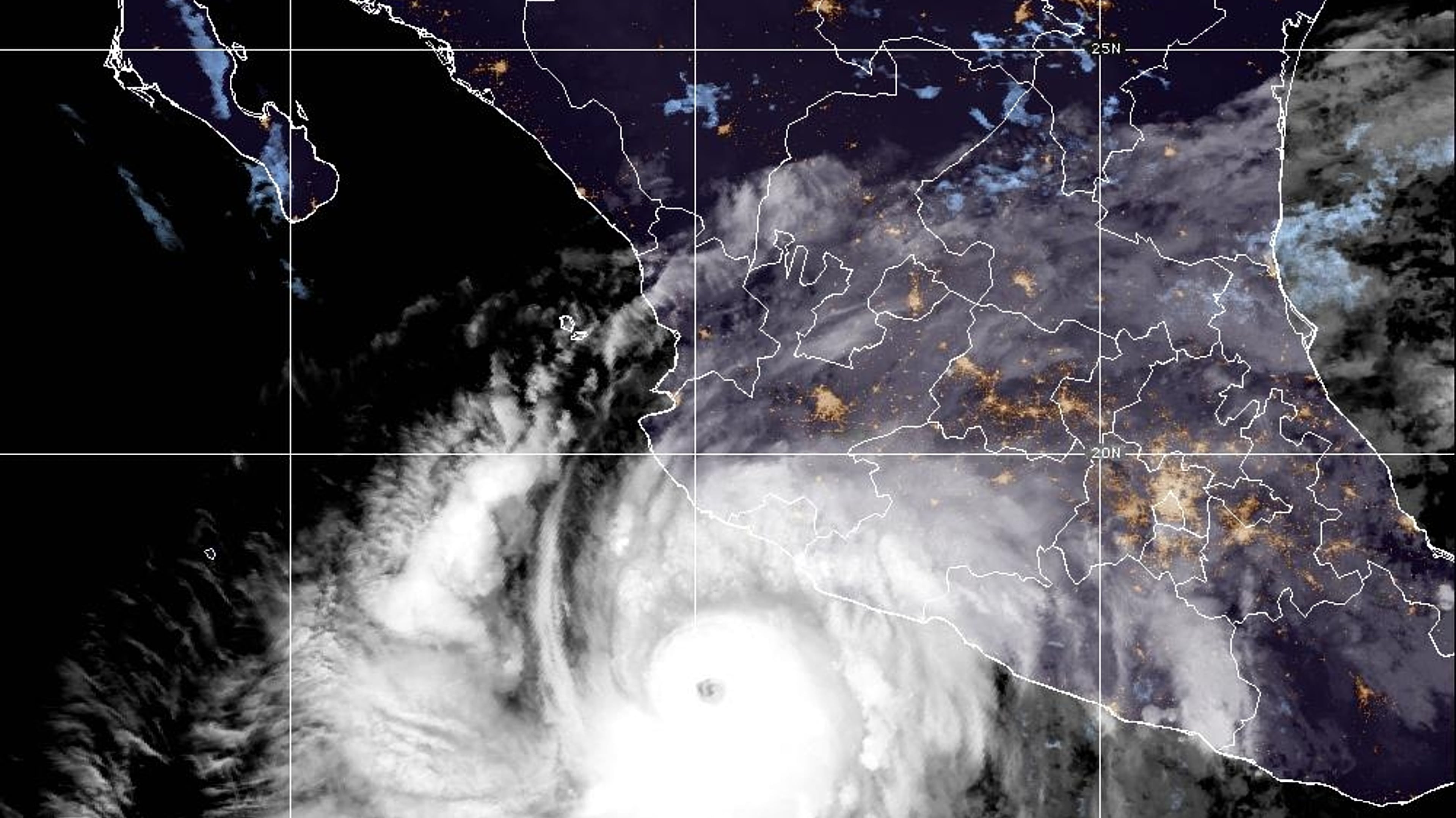 This satellite image provided by the National Oceanic and Atmospheric Administration, or NOAA shows Hurrican Simon in the Pacific on Saturday, Oct. 10, 2026. (National Oceanic and Atmospheric Administration via AP)