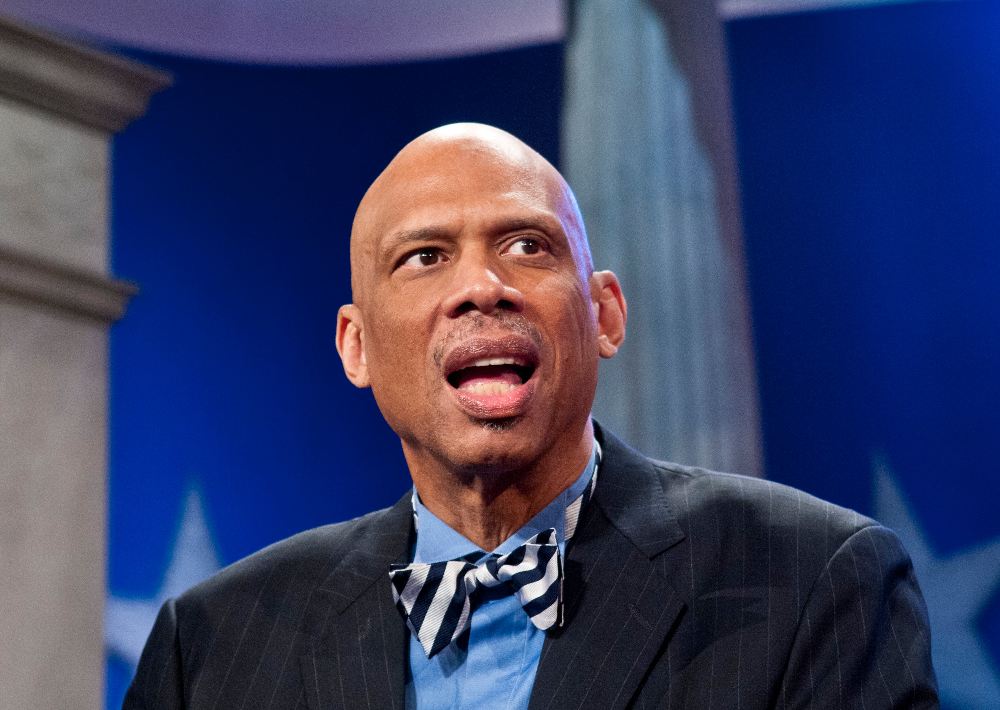 Kareem Abdul-Jabbar speaks during a rehearsal before a taping of Jeopardy! Power Players Week at DAR Constitution Hall on April 21, 2012 in Washington, DC. (Photo by Kris Connor/Getty Images)