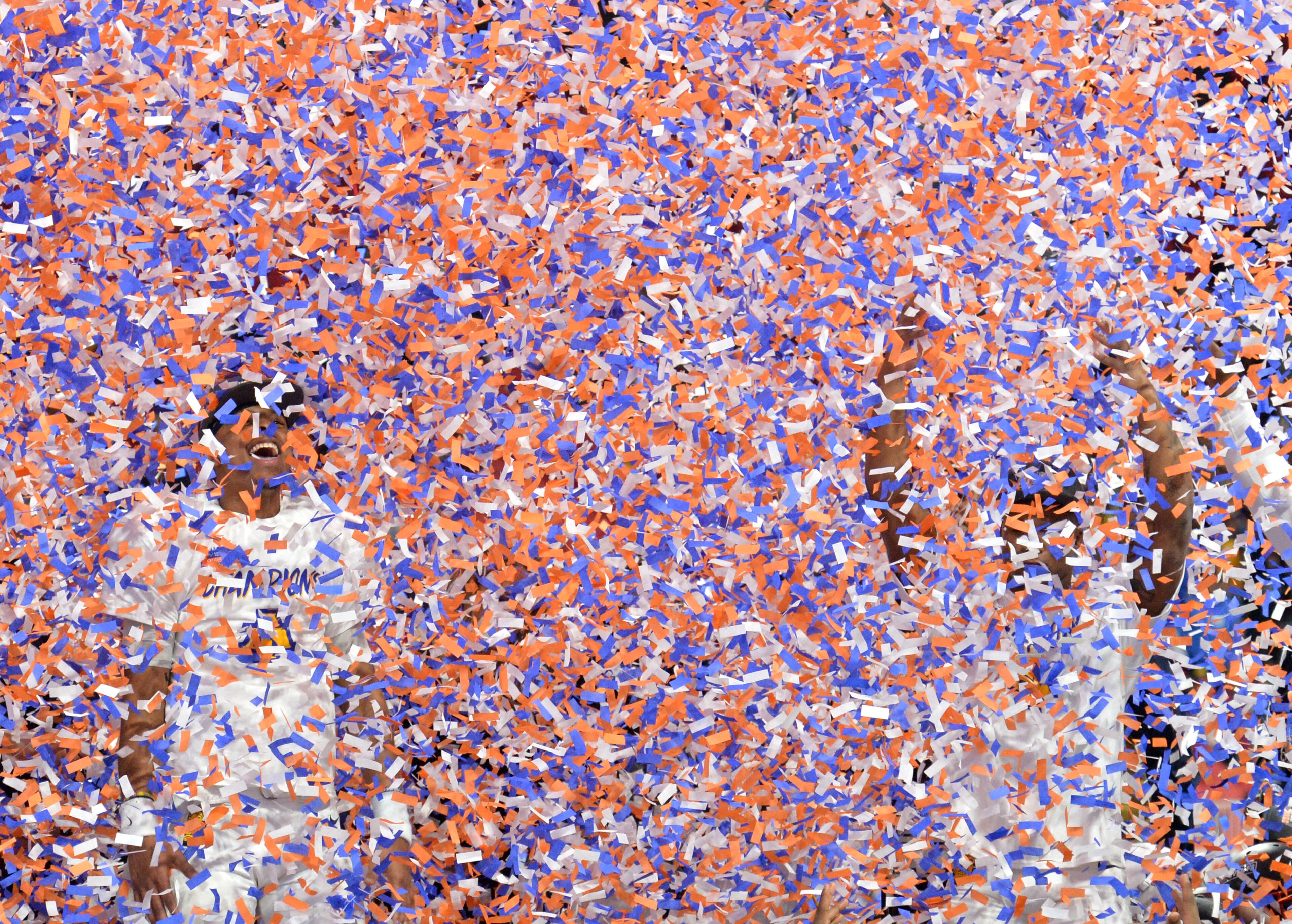 December 15, 2018 Atlanta - North Carolina A&T players celebrate their victory over the Alcorn State during the 2018 Celebration Bowl at Mercedes-Benz Stadium on Saturday, December 15, 2018. North Carolina A&T won 24-22 over the Alcorn State. HYOSUB SHIN / HSHIN@AJC.COM
