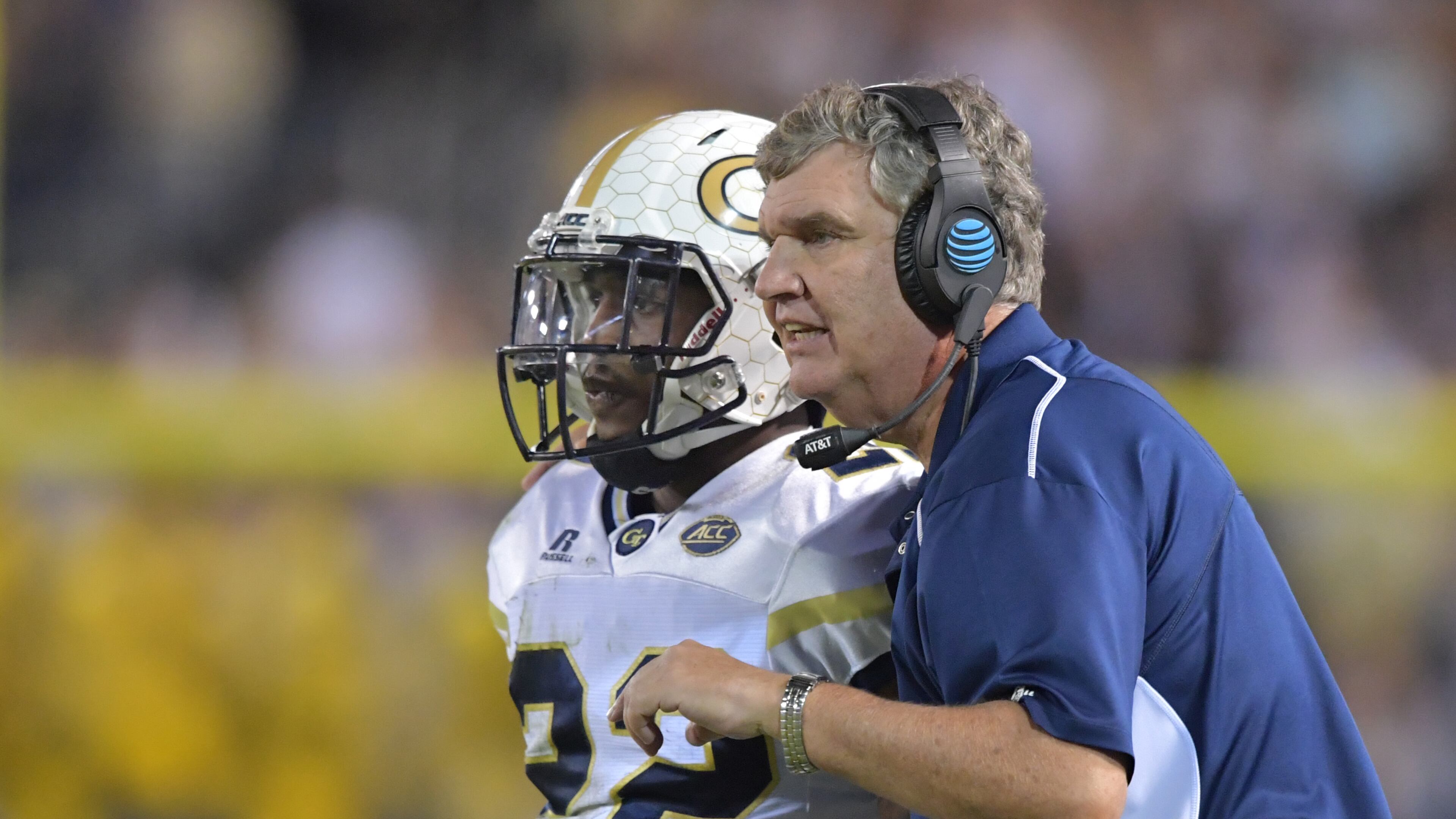 October 21, 2017 Atlanta - Georgia Tech head coach Paul Johnson instructs Georgia Tech running back Clinton Lynch (22) in the second half of an NCAA college football game at Bobby Dodd Stadium on Saturday, October 21, 2017. Georgia Tech beat Wake Forest 38-24. HYOSUB SHIN / HSHIN@AJC.COM