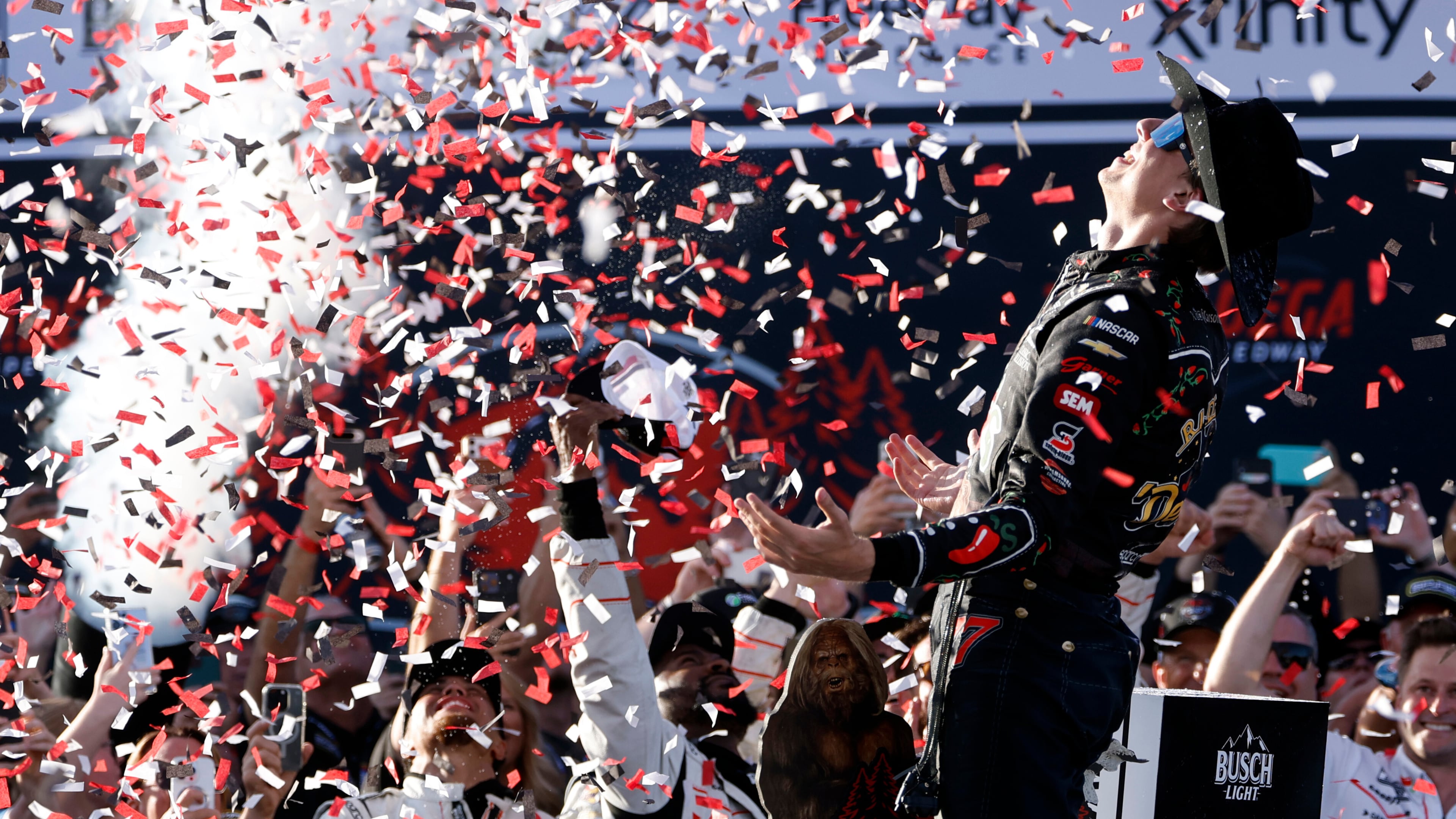 Carson Hocevar celebrates after winning a NASCAR Cup Series auto race, Sunday, April 26, 2026, in Talladega, Ala. (AP Photo/Butch Dill)
