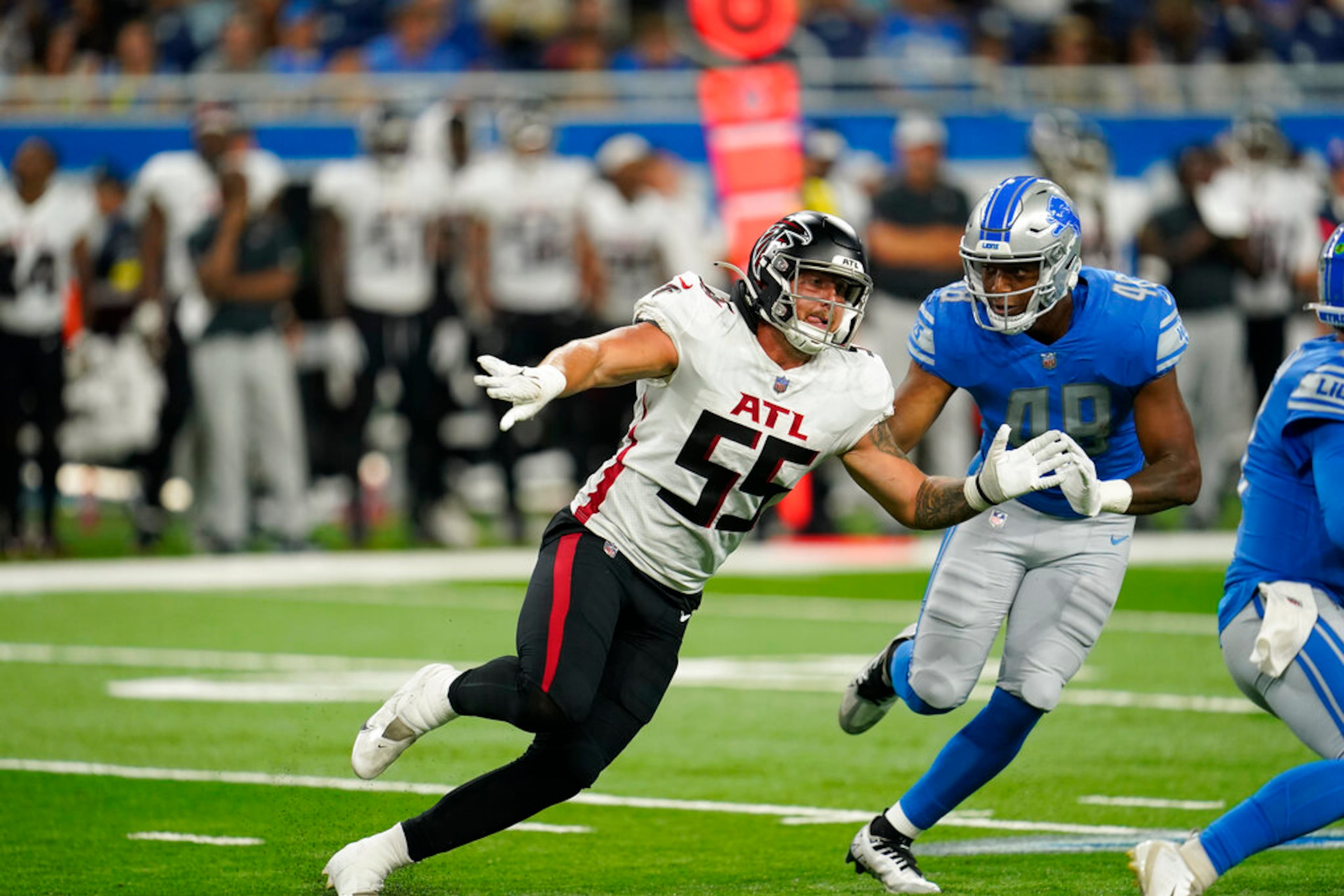 Atlanta Falcons linebacker Nathan Landman (55) plays during the second half of a preseason NFL football game against the Detroit Lions, Friday, Aug. 12, 2022, in Detroit. (AP Photo/Paul Sancya)