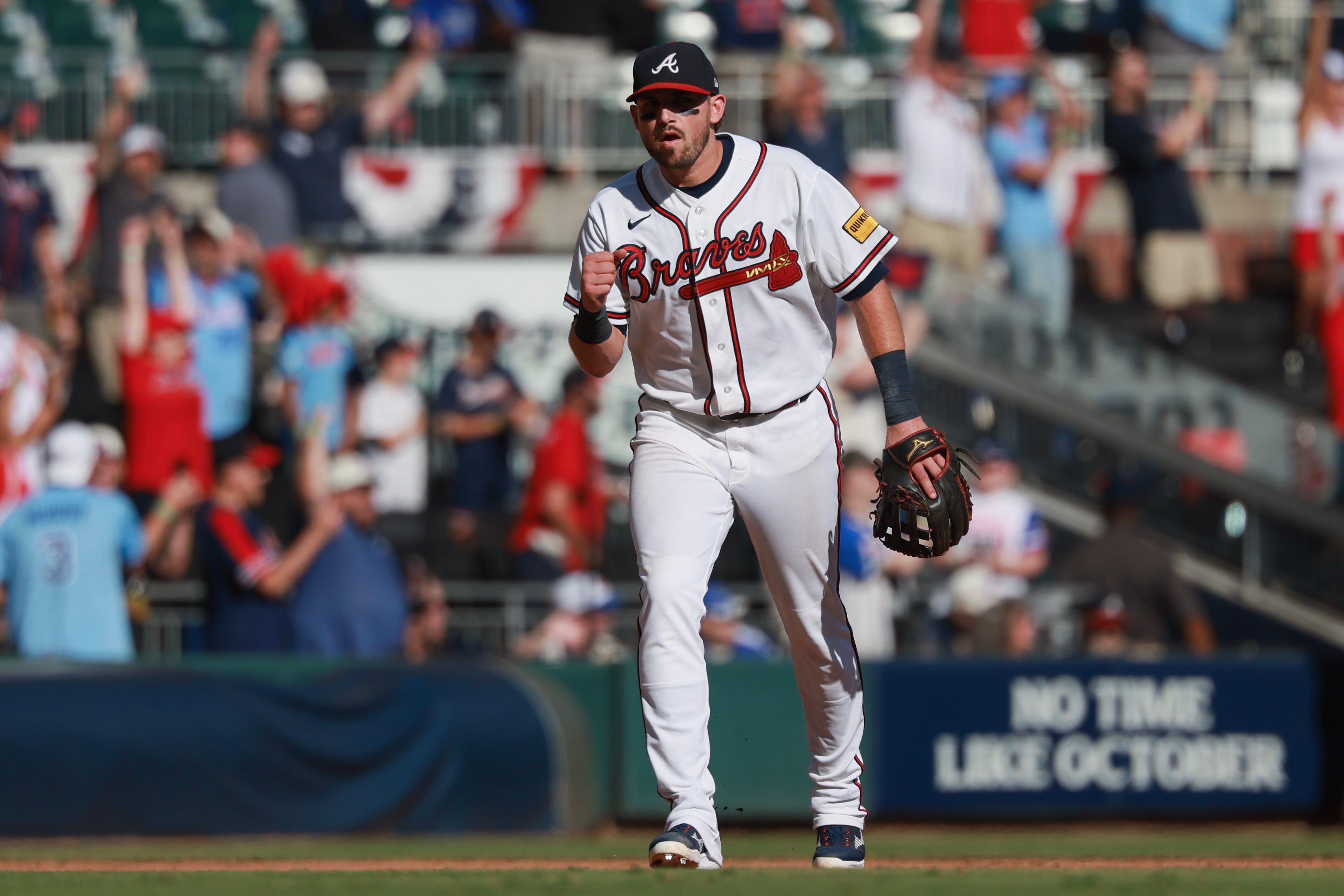 Atlanta Braves third baseman Austin Riley (27) reacts after closing the Philadelphia Phillies during the ninth inning of Game 1 of a MLB National League Wild Card playoff series between the Atlanta Braves and the Philadelphia Phillies, Tuesday, Sept. 29, 2026, in Atlanta. (Jason Getz/AJC)