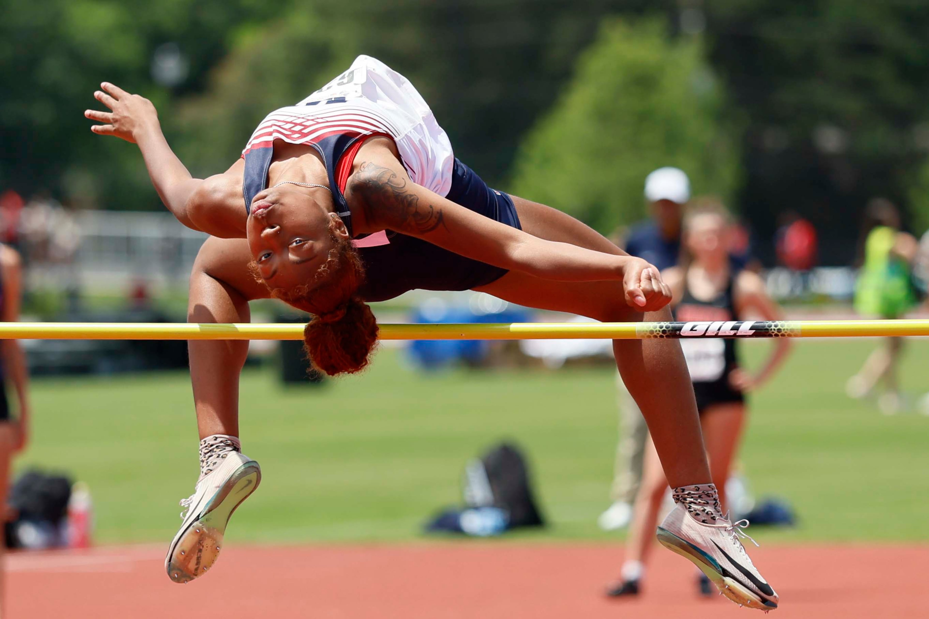 Woodland Cyler Williams attempts a jump during the Girls High Jump AAAA at the GHSA track and field state championships held at UGA's Spec Towns Track on Monday, May 11, 2026, in Athens. (Miguel Martinez/AJC)