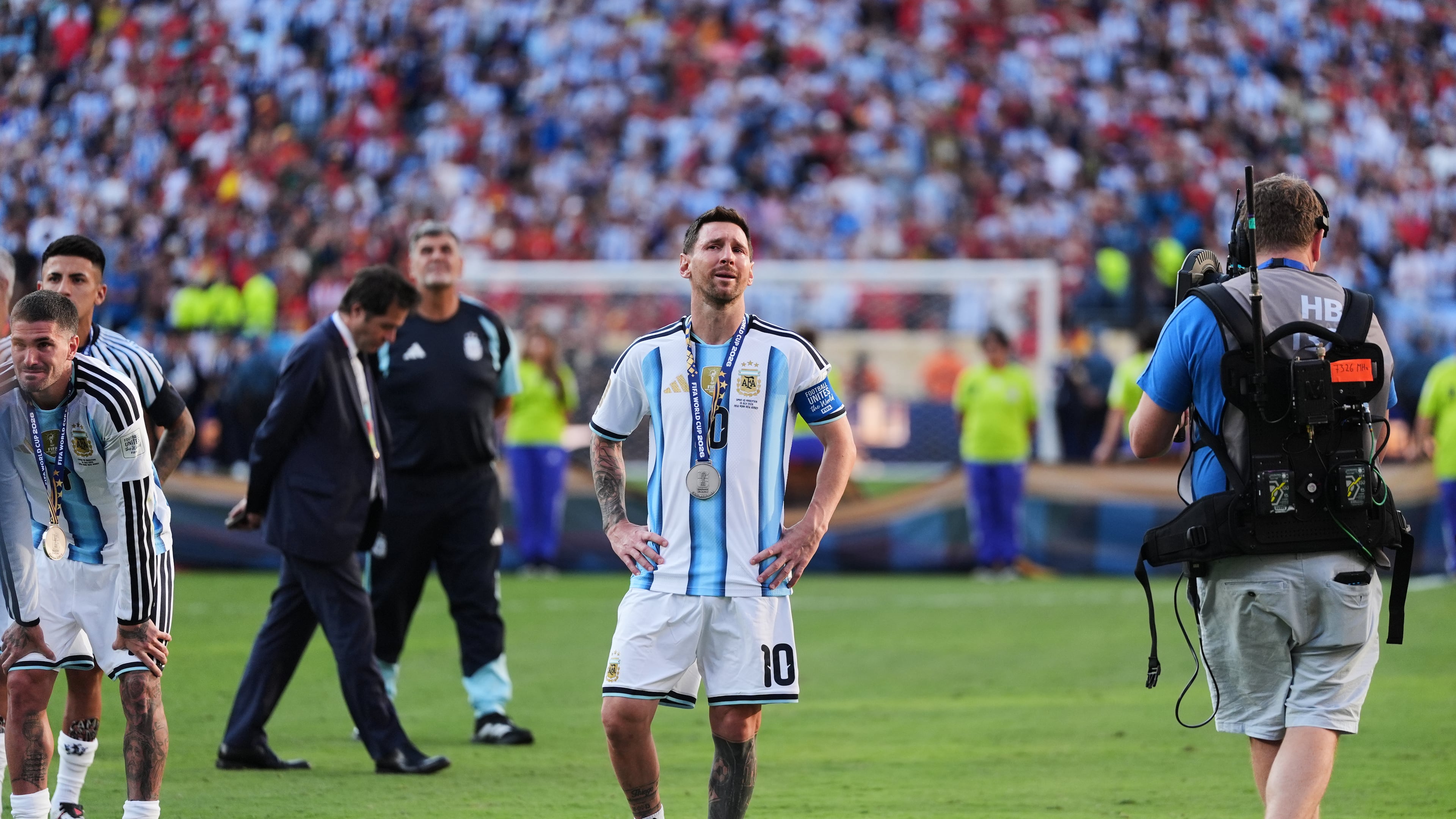 Argentina's Lionel Messi (10) cries at the end of the World Cup final soccer match between Spain and Argentina in East Rutherford, N.J., near New York, Sunday, July 19, 2026. (AP Photo/Stephanie Scarbrough)
