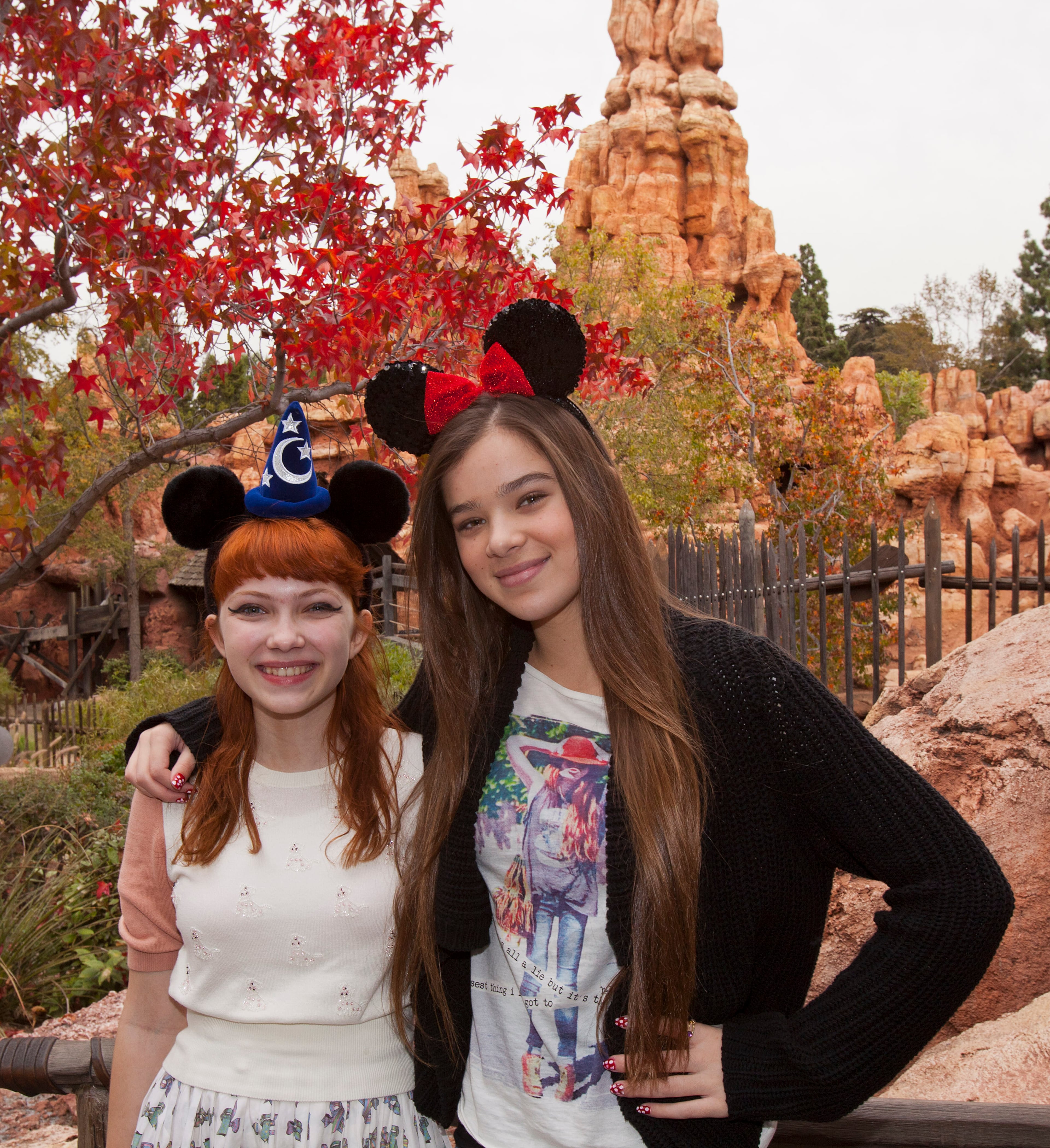 ANAHEIM, CA - NOVEMBER 10: In this handout image provided by Disney Parks, actress Hailee Steinfeld and fashion blogger Tavi Gevinson pose outside Big Thunder Mountain Railroad at Disneyland park on November 10, 2011 in Anaheim, California. (Photo by Paul Hiffmeyer/Disney Parks via Getty Images)