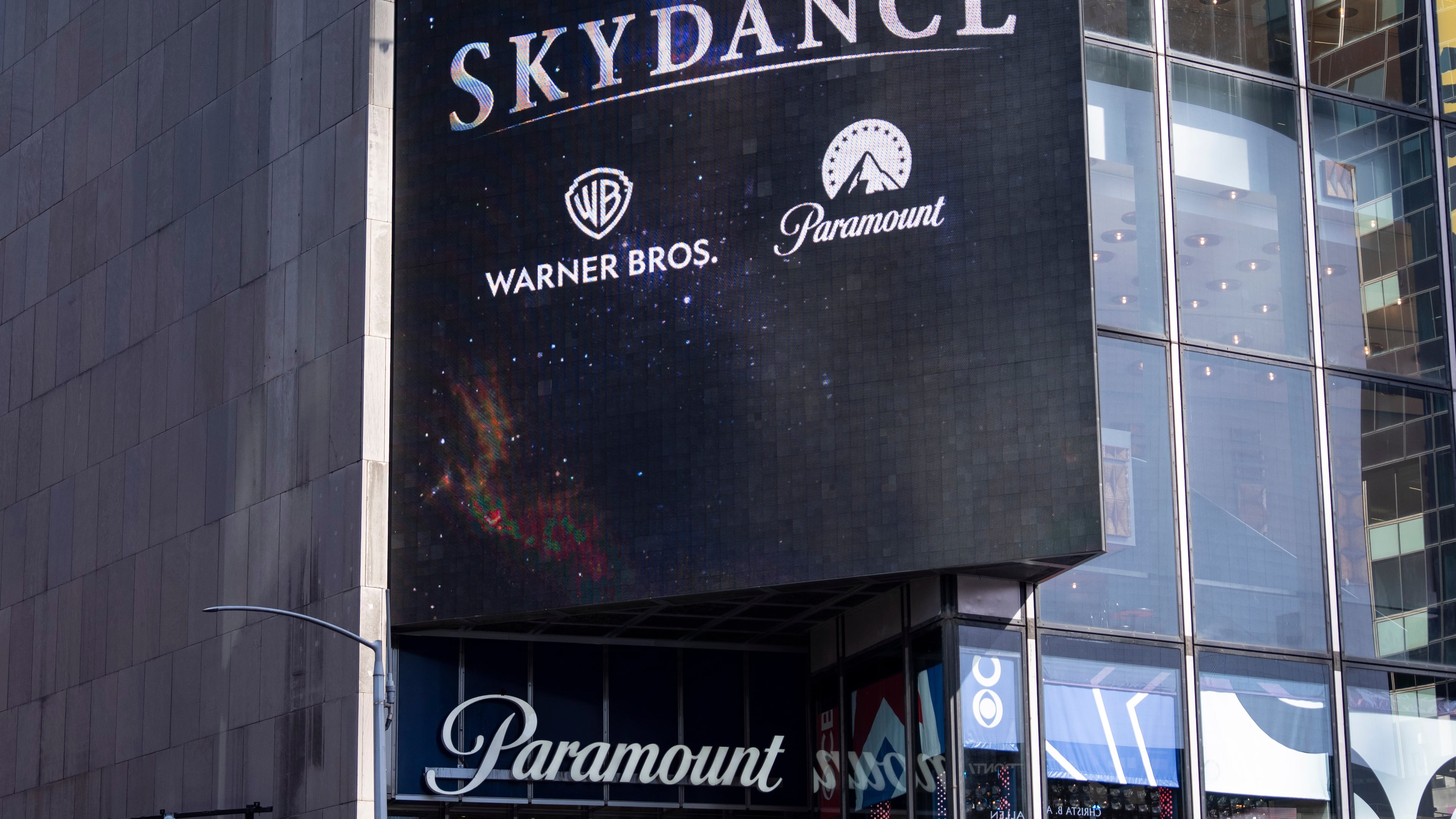 A Skydance billboard is displayed outside Paramount Global office in Times Square, Tuesday, Oct. 6, 2026, in New York. (AP Photo/Yuki Iwamura)