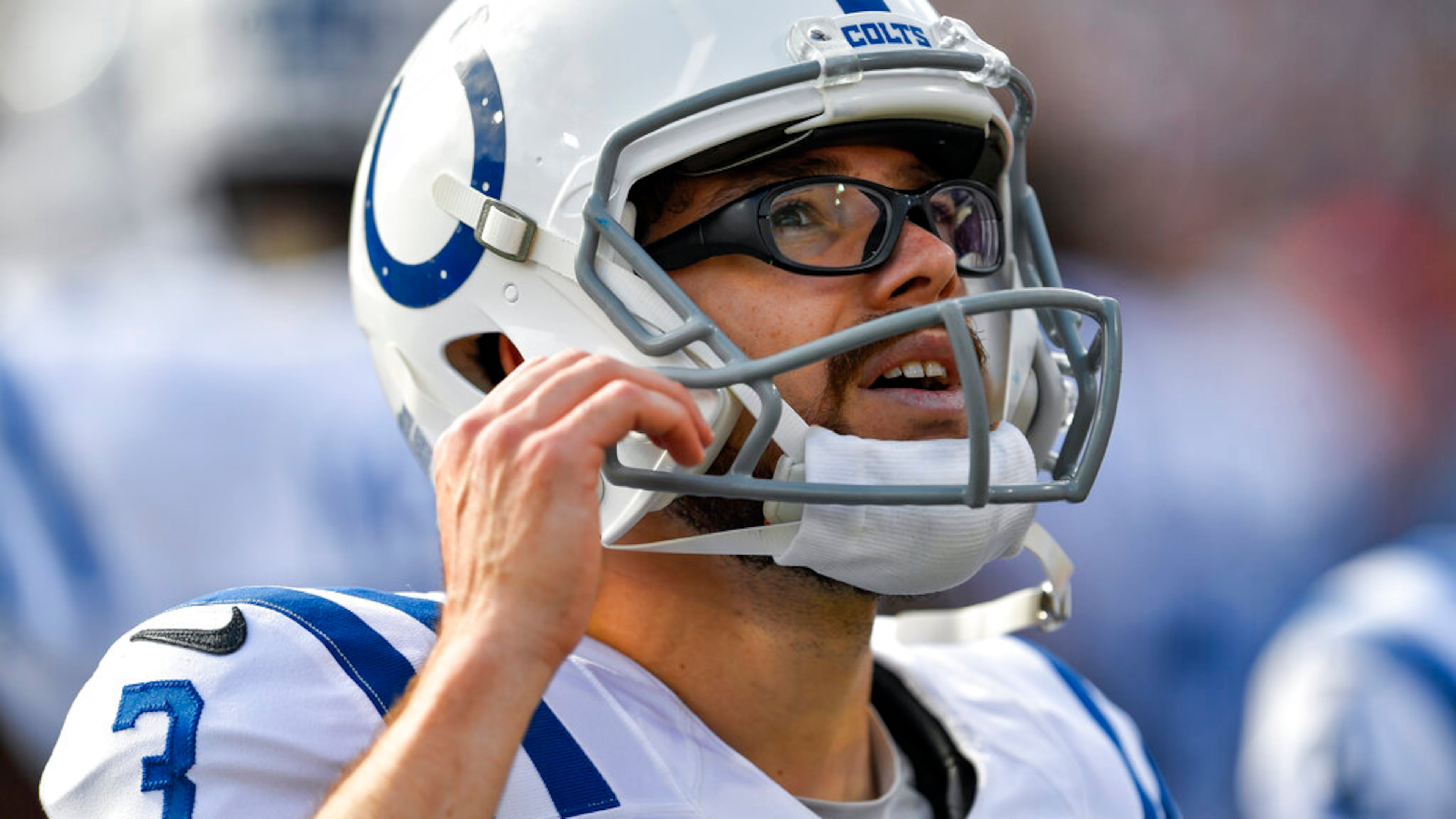 Indianapolis Colts kicker Rodrigo Blankenship (3) watches on the sideline during the first half of a game in 2022. (AP Photo/Adrian Kraus)