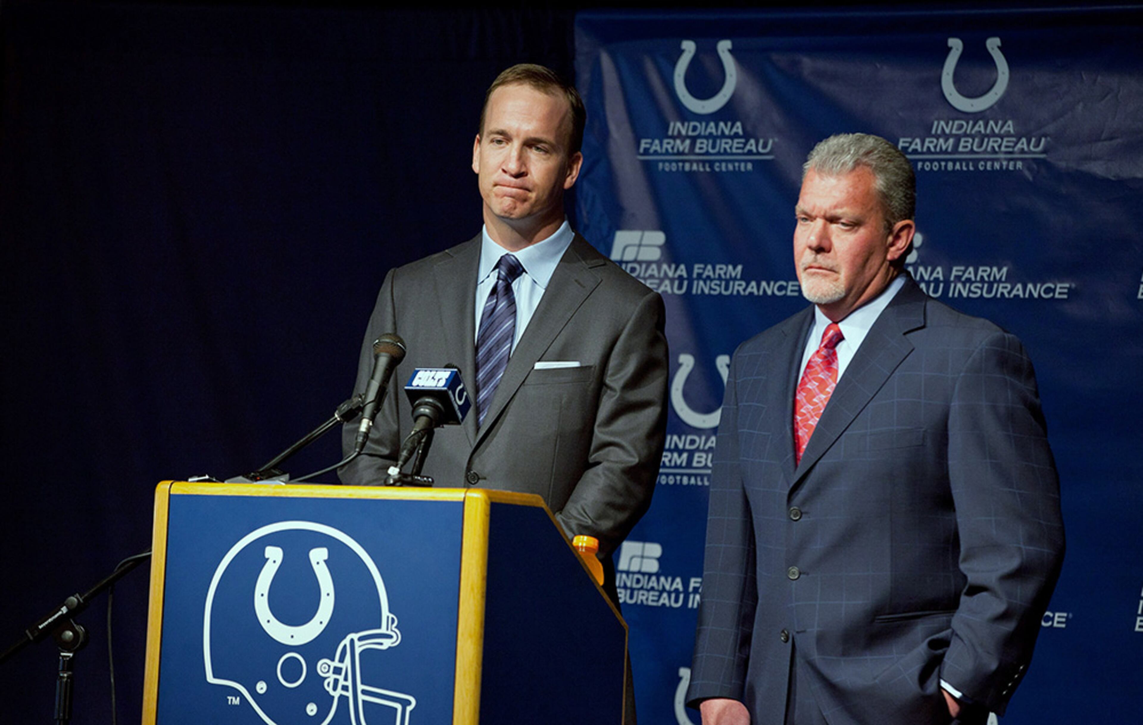 Peyton Manning and Indianapolis Colts owner Jim Irsay hold a press conference on March 2012 announcing that after 14 seasons, the Colts would release. Indianapolis draft quarterback Andrew Luck as the No. 1 overall pick in the draft.