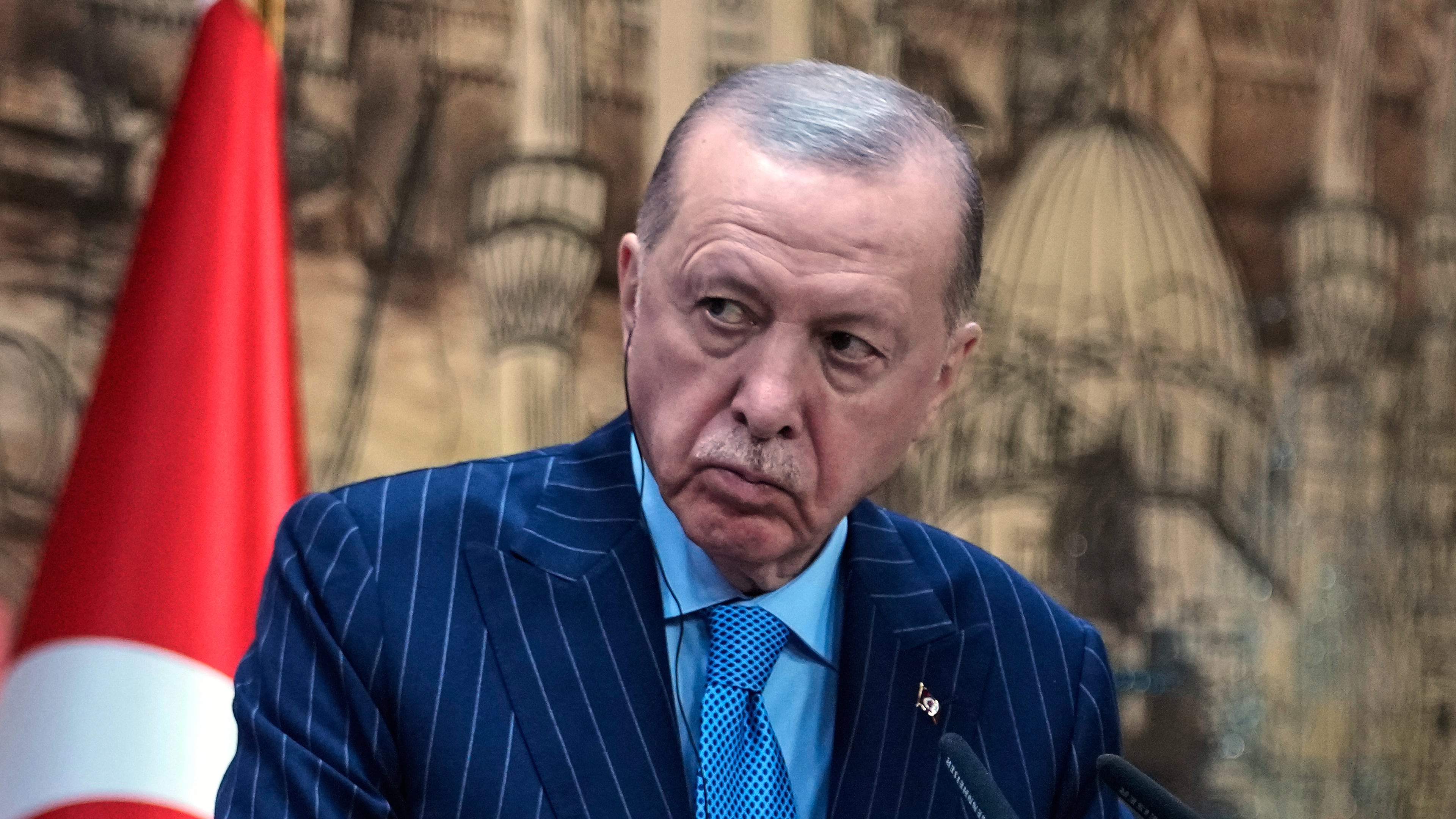 FILE - Turkey's President Recep Tayyip Erdogan listens as Somalia's President Hassan Sheikh Mohamud speaks during a joint news conference in Istanbul, Turkey, on Dec. 30, 2025. (AP Photo/Khalil Hamra, File)